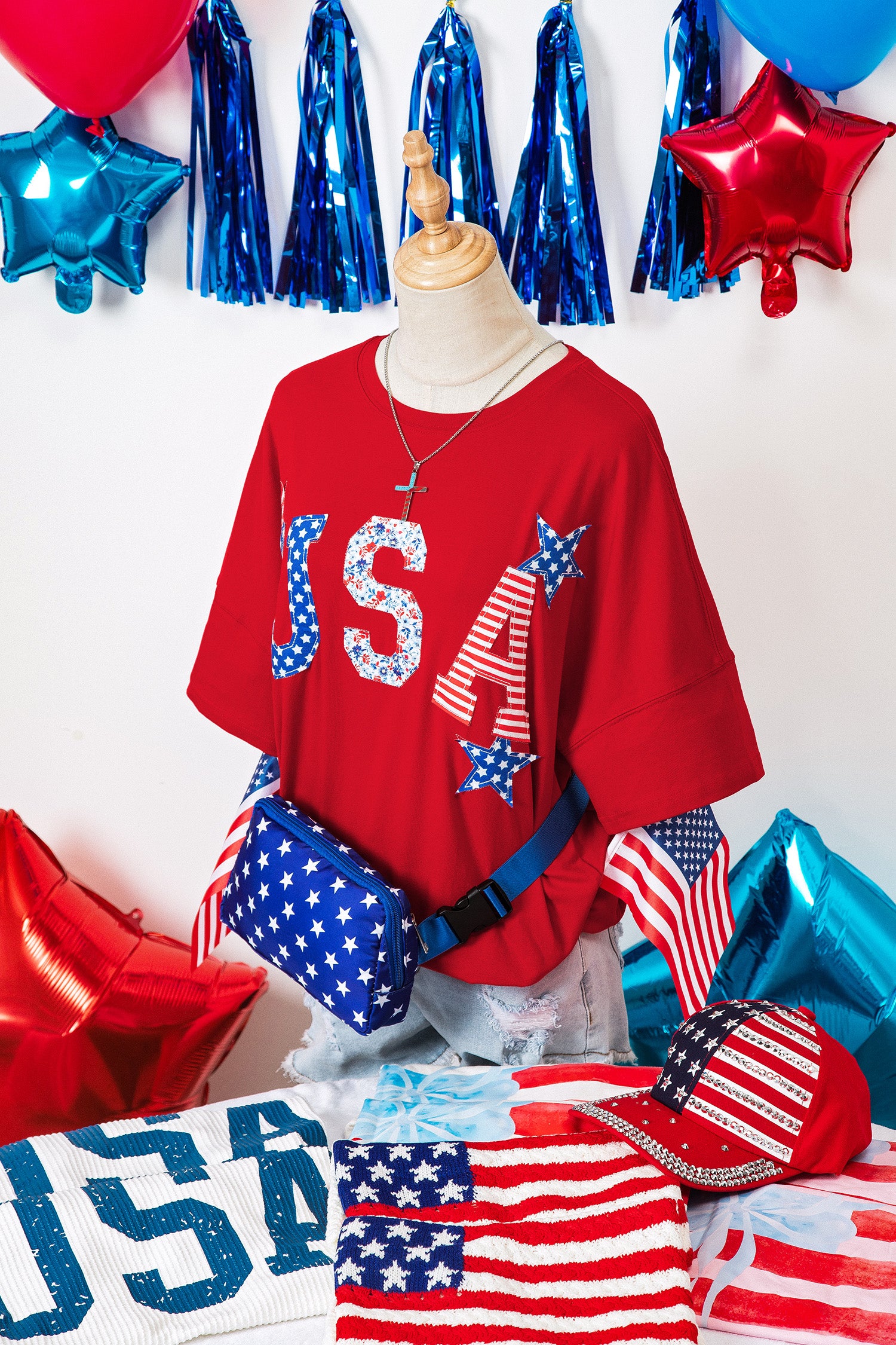 Fiery Red Patriotic Usa Slogan Patch Embroidery Short Sleeve T Shirt-Tops/Tops & Tees-[Adult]-[Female]-2022 Online Blue Zone Planet