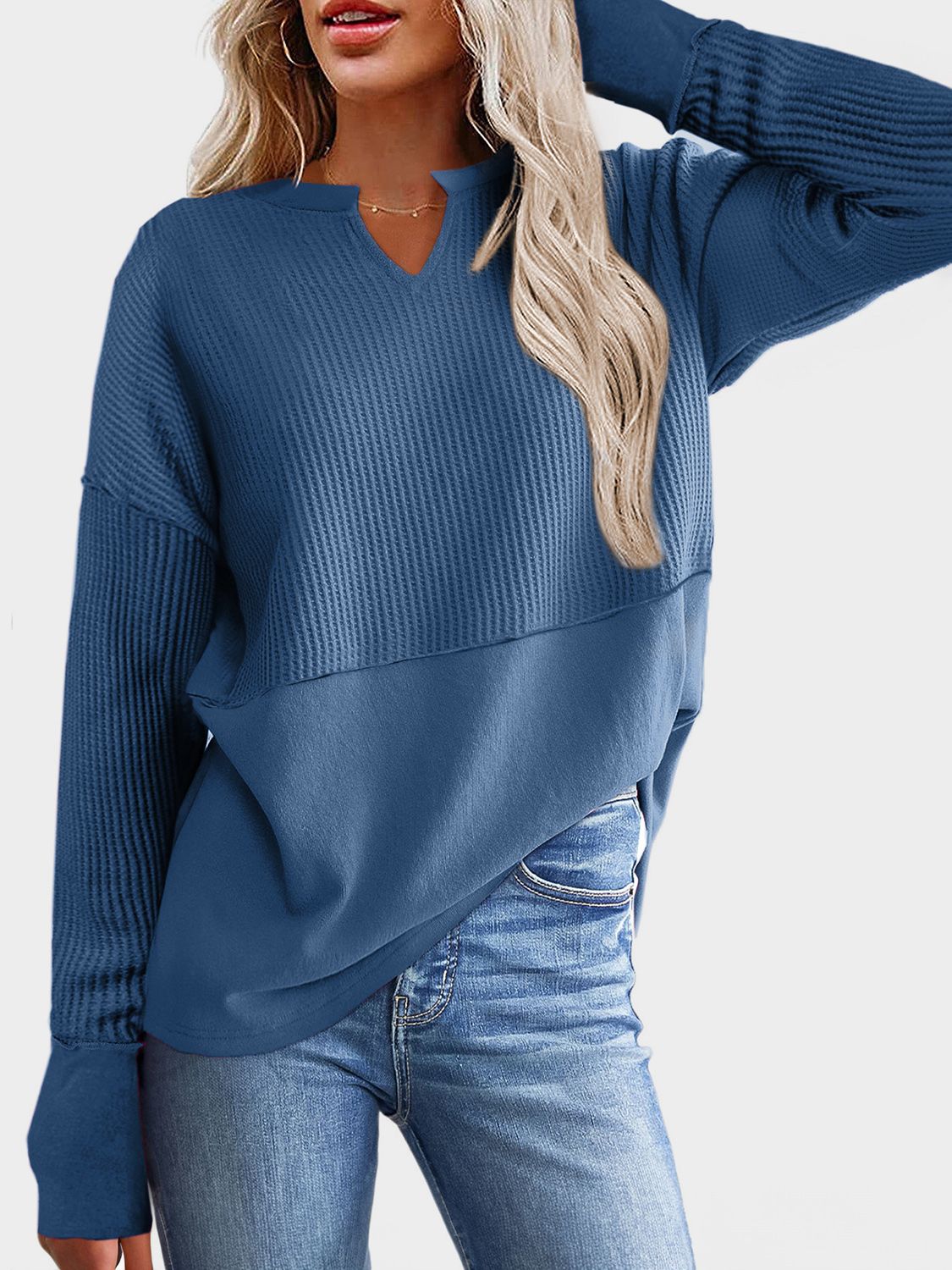 Waffle-Knit Notched Long Sleeve T-Shirt-TOPS / DRESSES-[Adult]-[Female]-2022 Online Blue Zone Planet