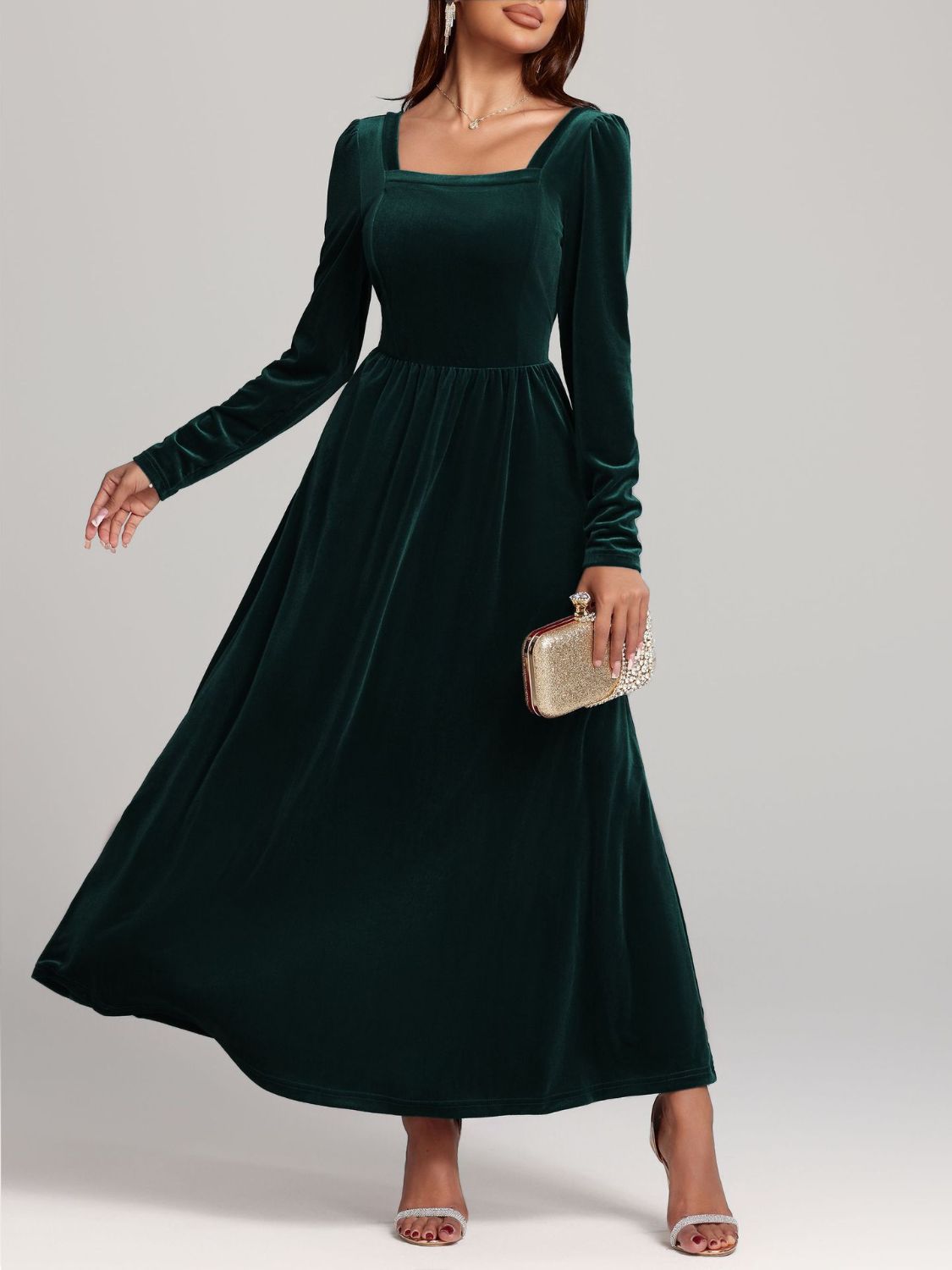 Blue Zone Planet | Velvet Square Neck Long Sleeve Dress-TOPS / DRESSES-[Adult]-[Female]-2022 Online Blue Zone Planet