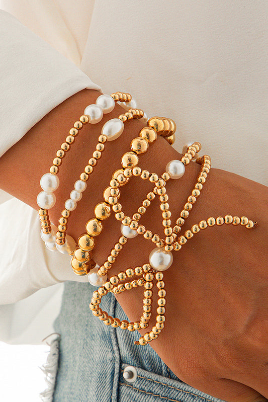 Gold Bow Knot Pearl Beaded Multi Layered Bracelet Set-Accessories/Jewelry-[Adult]-[Female]-Gold-ONE SIZE-2022 Online Blue Zone Planet