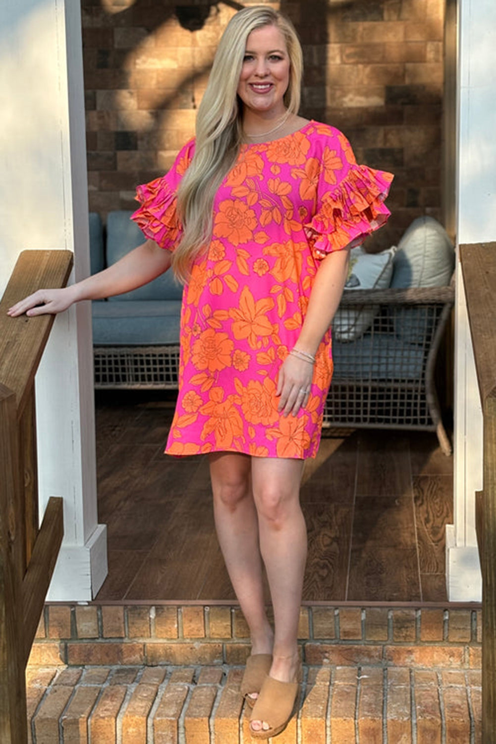 Kim's Pink Floral Loose Layered Ruffle Sleeve Mini Dress-TOPS / DRESSES-[Adult]-[Female]-2022 Online Blue Zone Planet