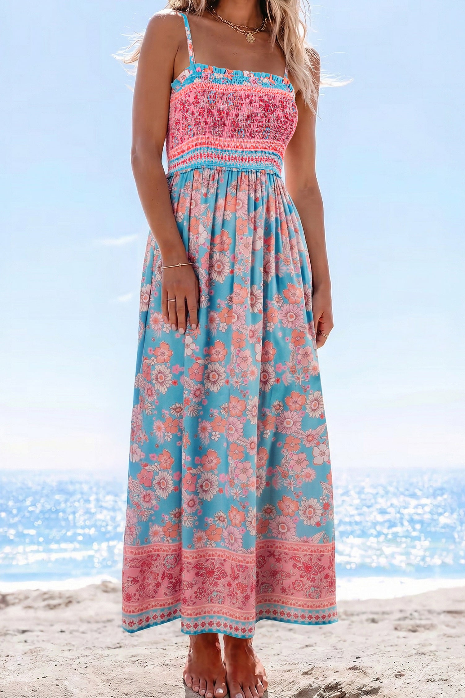 Sky Blue Bohemian Ethnic Print Spaghetti Straps Vacation Maxi Dress-Dresses/Floral Dresses-[Adult]-[Female]-Sky Blue-S-2022 Online Blue Zone Planet