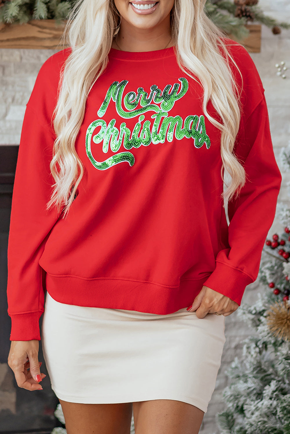 Blue Zone Planet | Red Merry Christmas Crewneck Drop Shoulder Loose Sweatshirt-Graphic/Graphic Sweatshirts-[Adult]-[Female]-2022 Online Blue Zone Planet