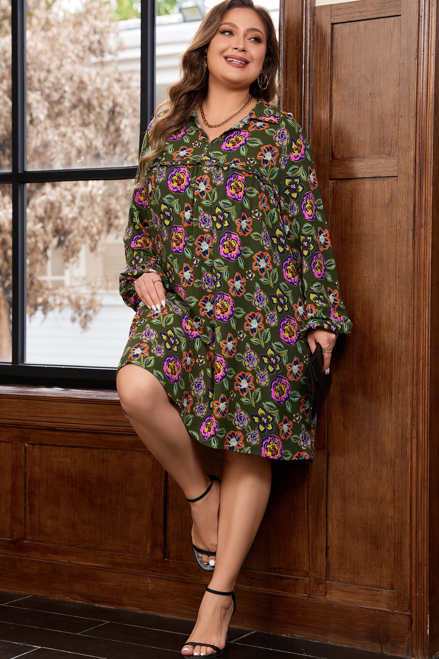 Green Plus Size Floral Print Collared V Neck Loose Mini Dress-TOPS / DRESSES-[Adult]-[Female]-2022 Online Blue Zone Planet