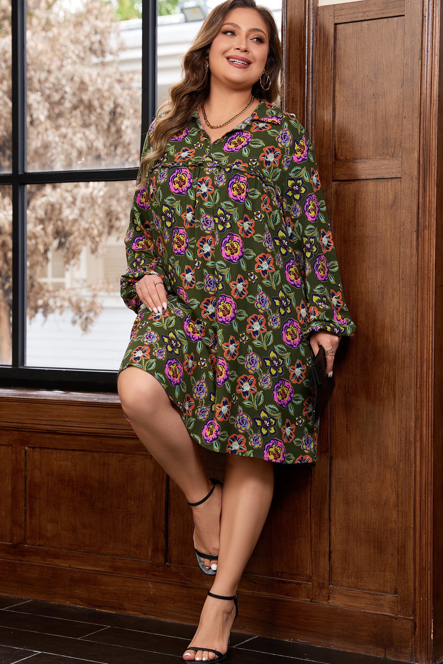 Green Plus Size Floral Print Collared V Neck Loose Mini Dress-TOPS / DRESSES-[Adult]-[Female]-2022 Online Blue Zone Planet