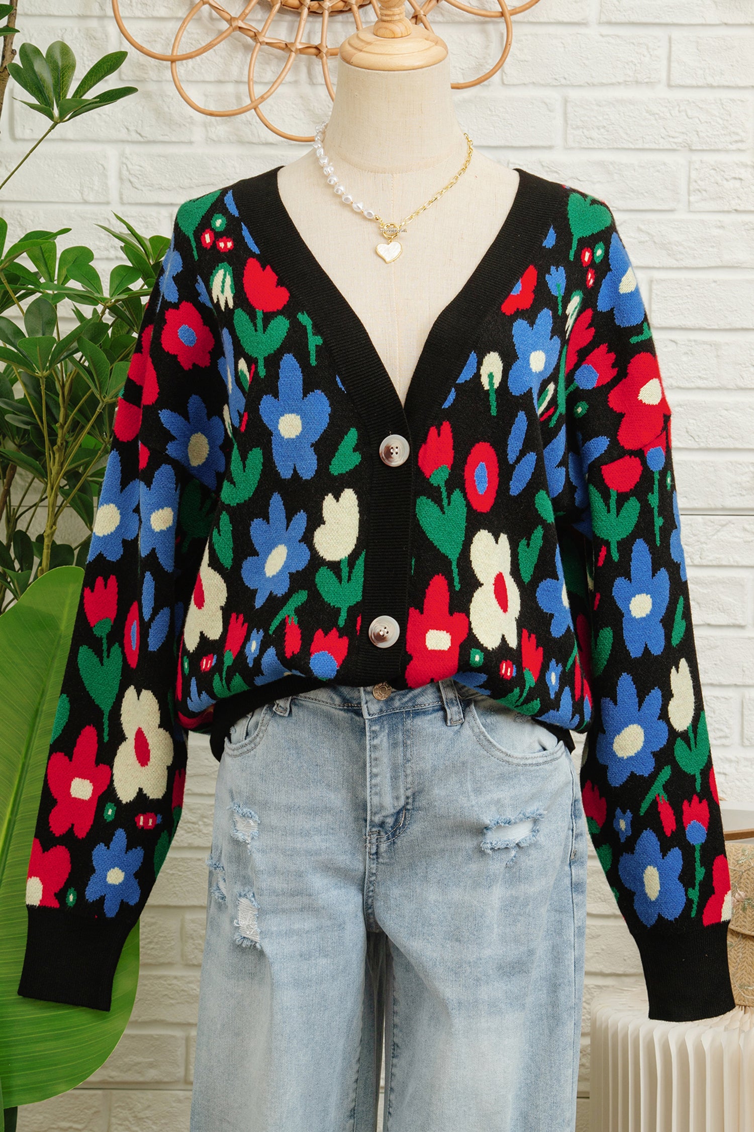 Black Floral Print V Neck Buttoned Short Cardigan Sweater-TOPS / DRESSES-[Adult]-[Female]-2022 Online Blue Zone Planet