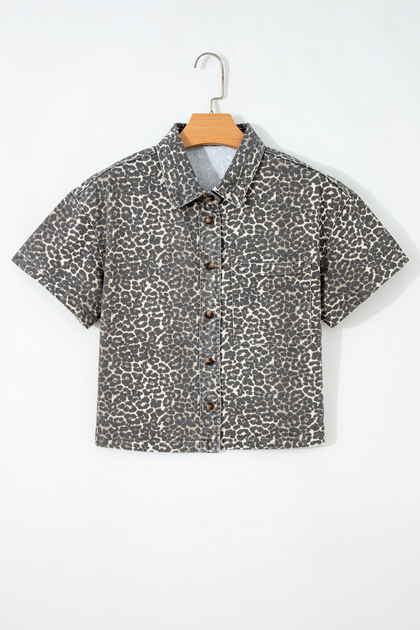 Gray Vintage Leopard Print Short Sleeve Loose Cotton Denim Shirt-Tops/Blouses & Shirts-[Adult]-[Female]-2022 Online Blue Zone Planet