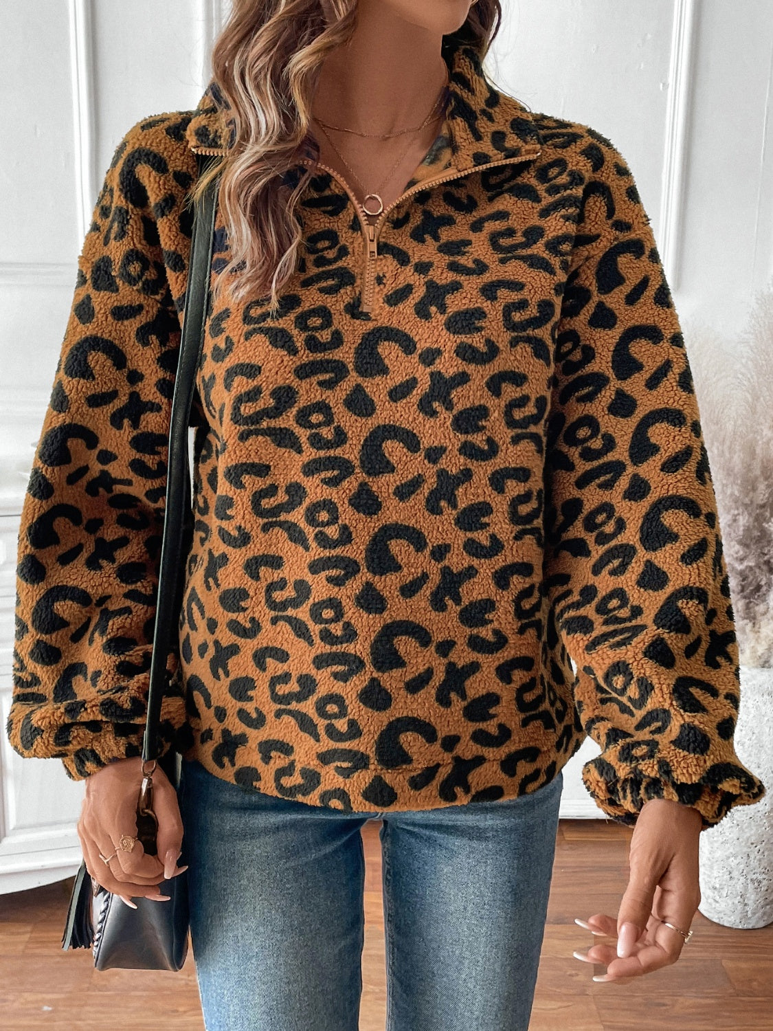 Leopard Half Zip Long Sleeve Sweatshirt-TOPS / DRESSES-[Adult]-[Female]-2022 Online Blue Zone Planet