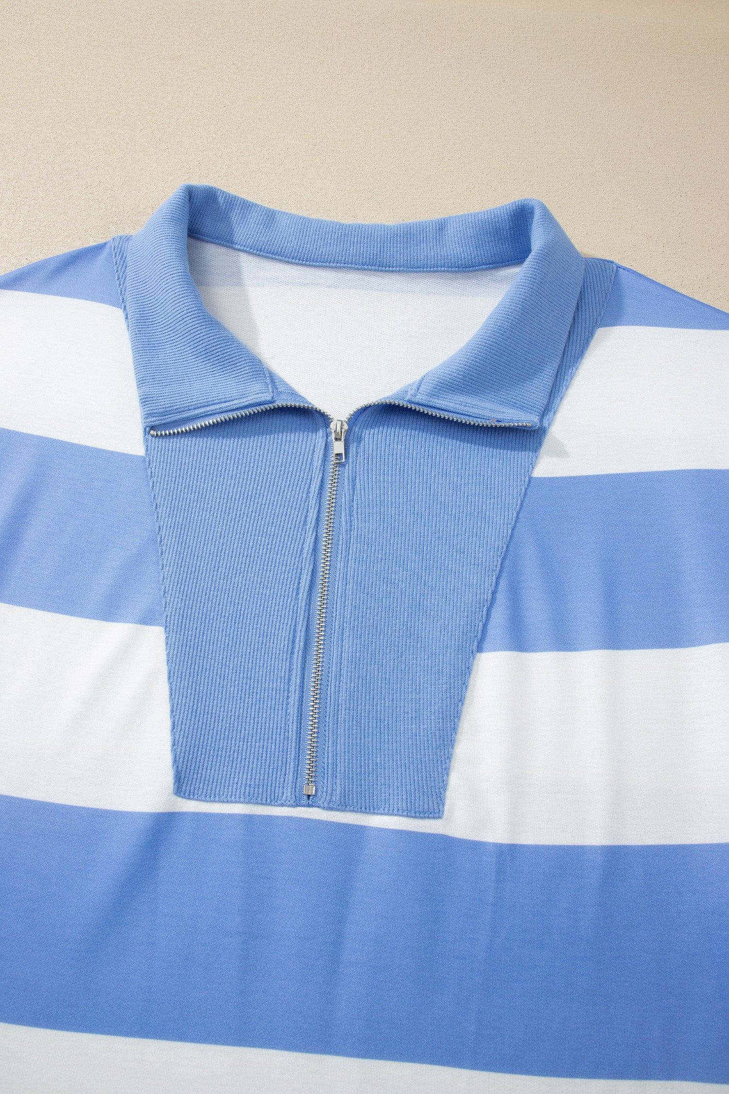 Sky Blue Stripe Drop Shoulder Zipped Collar T Shirt Plus Size Shorts Set-Plus Size/Plus Size Loungewear-[Adult]-[Female]-2022 Online Blue Zone Planet