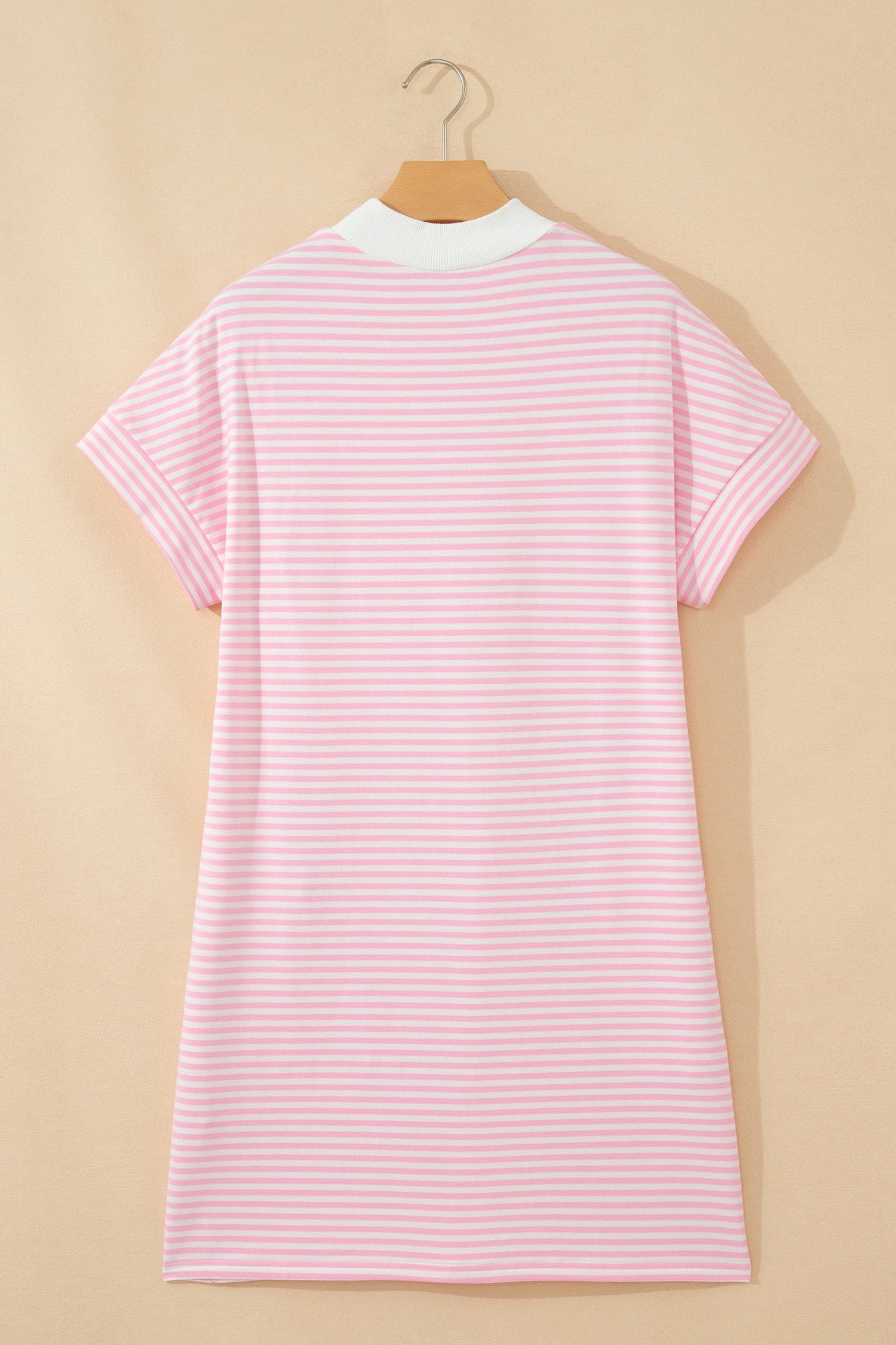 Pink Stripe Cuffed Short Sleeve Contrast Mock Neck Tee Dress-TOPS / DRESSES-[Adult]-[Female]-2022 Online Blue Zone Planet