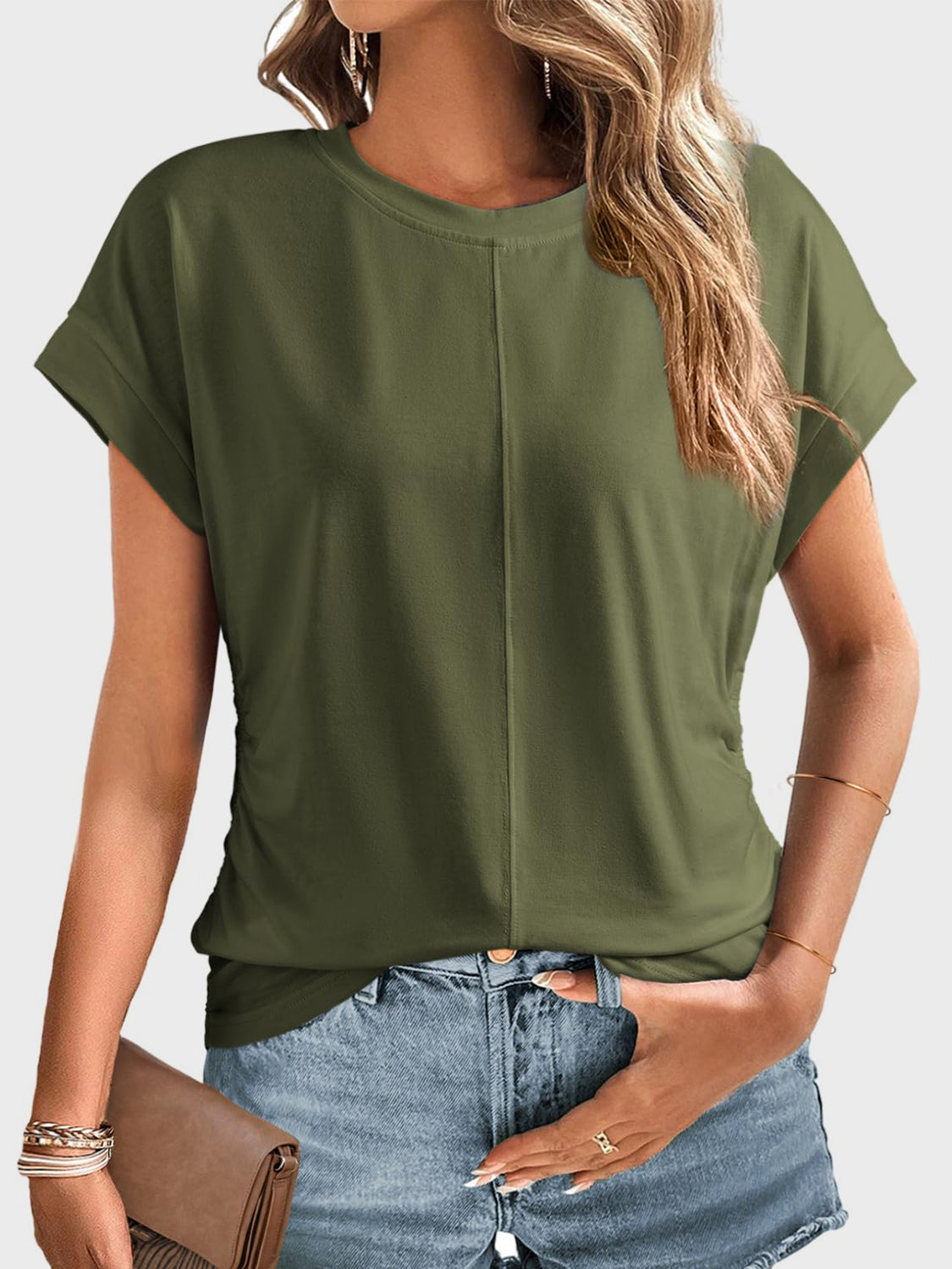 Ruched Round Neck Short Sleeve T-Shirt-TOPS / DRESSES-[Adult]-[Female]-Moss-S-2022 Online Blue Zone Planet