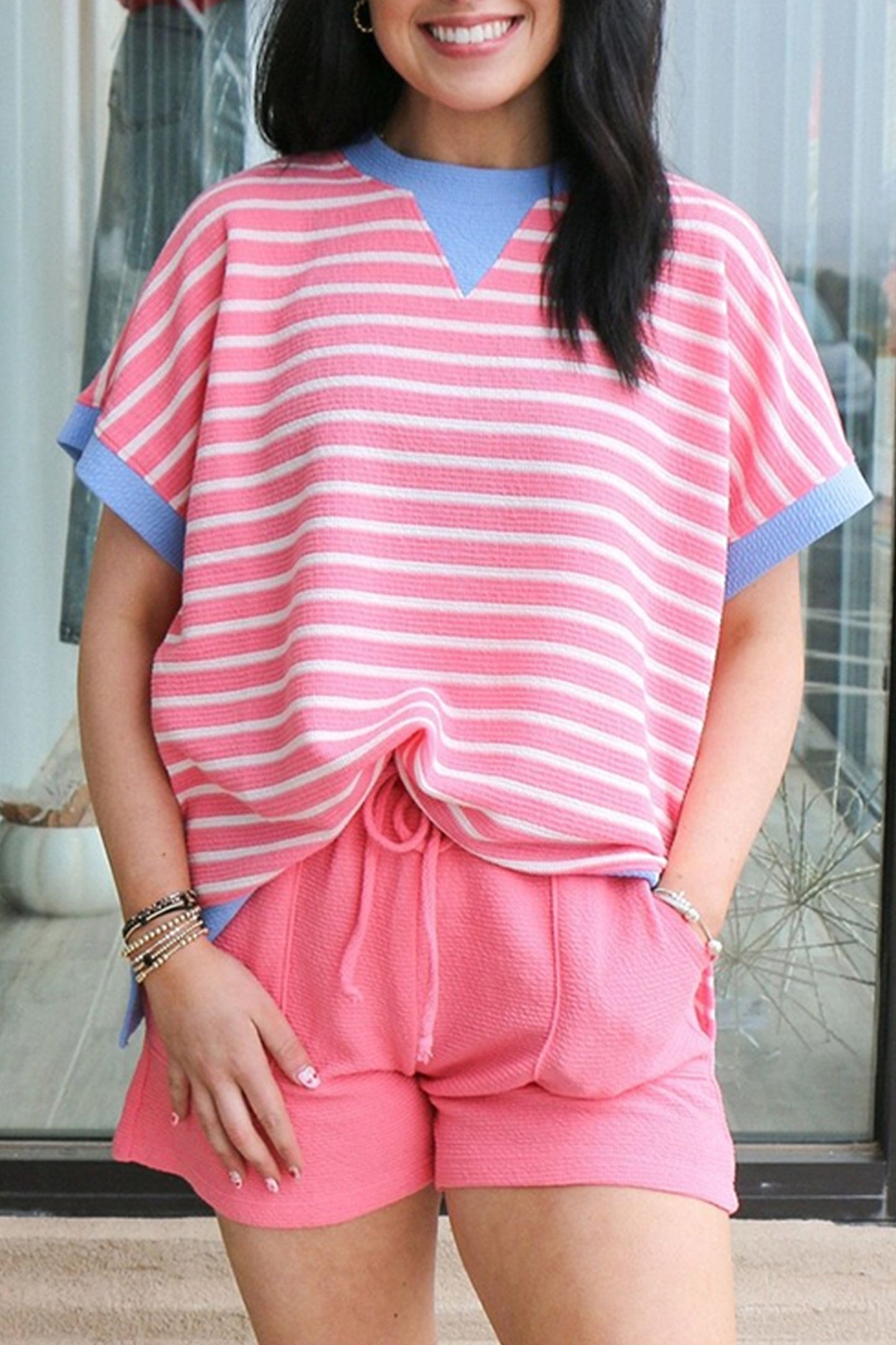 Pink Stripe Contrast Trim Loose Short Sleeve Top-Tops/Tops & Tees-[Adult]-[Female]-Pink Stripe-S-2022 Online Blue Zone Planet