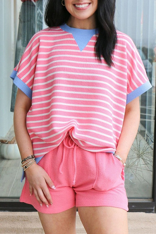 Pink Stripe Contrast Trim Loose Short Sleeve Top-Tops/Tops & Tees-[Adult]-[Female]-Pink Stripe-S-2022 Online Blue Zone Planet