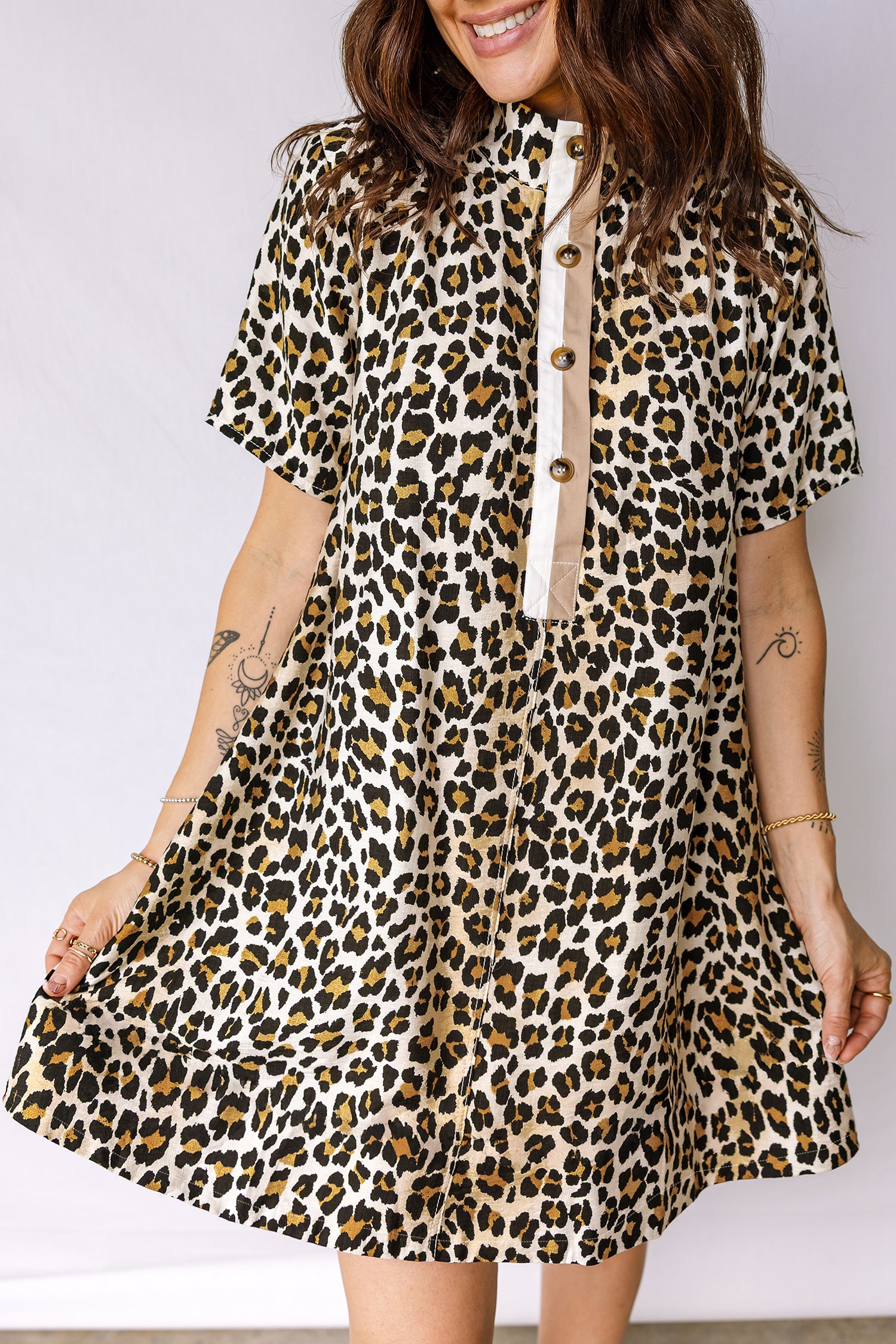 Multicolour Half Buttons Short Sleeve Loose Leopard Mini Dress with Pockets-TOPS / DRESSES-[Adult]-[Female]-Multicolour-S-2022 Online Blue Zone Planet
