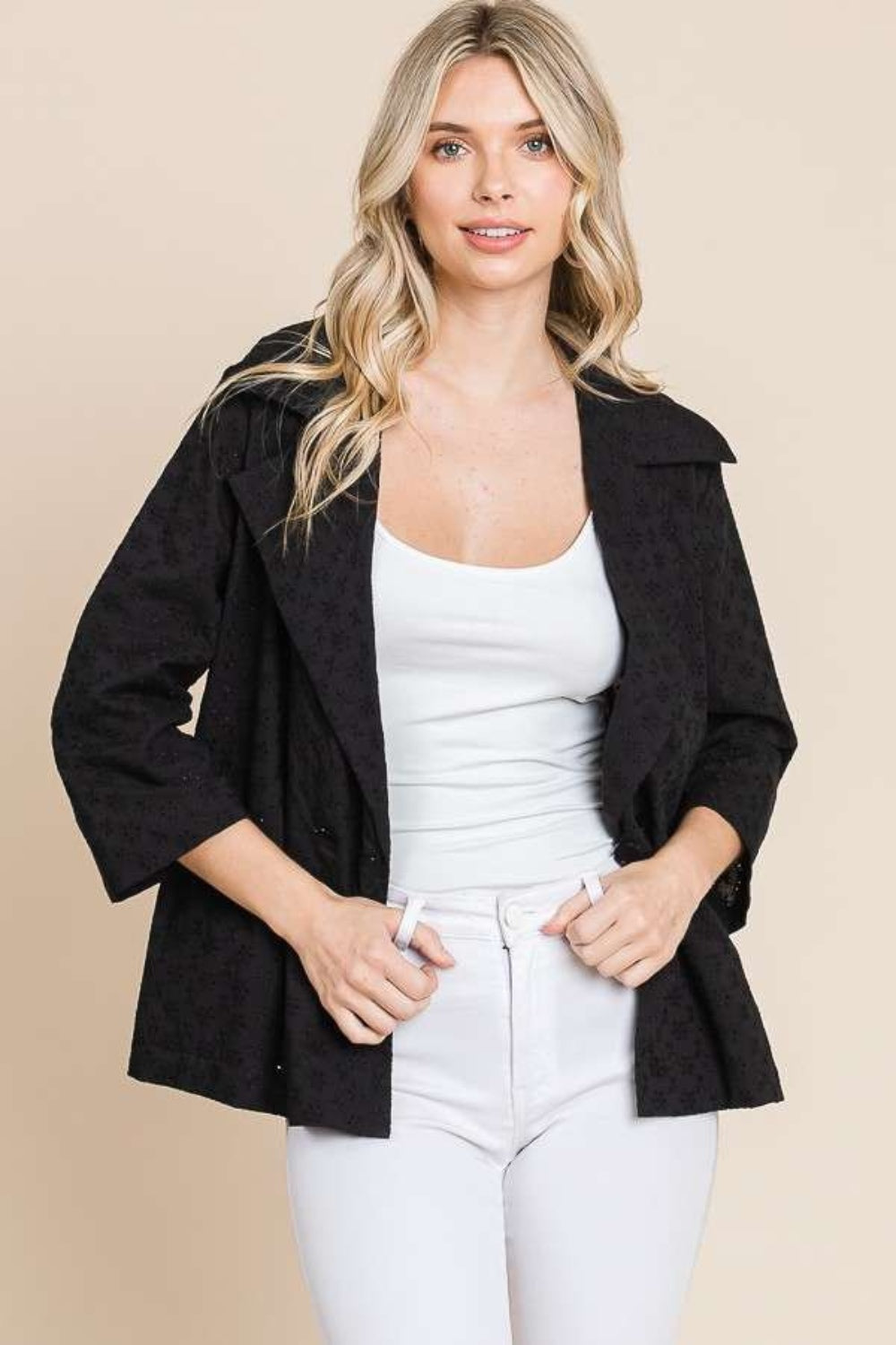 Culture Code Double Breasted Eyelet Jacket with Pockets-TOPS / DRESSES-[Adult]-[Female]-Black-S-2022 Online Blue Zone Planet