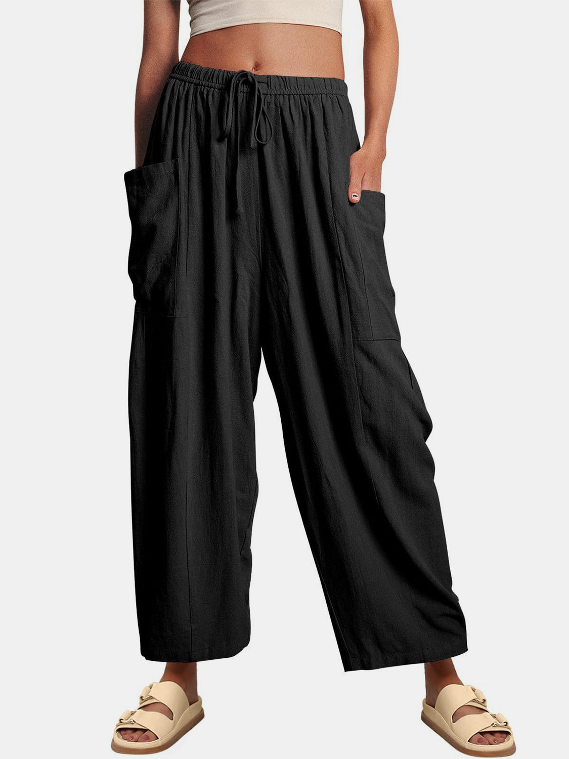 Full Size Wide Leg Pants with Pockets-BOTTOMS SIZES SMALL MEDIUM LARGE-[Adult]-[Female]-Black-S-2022 Online Blue Zone Planet