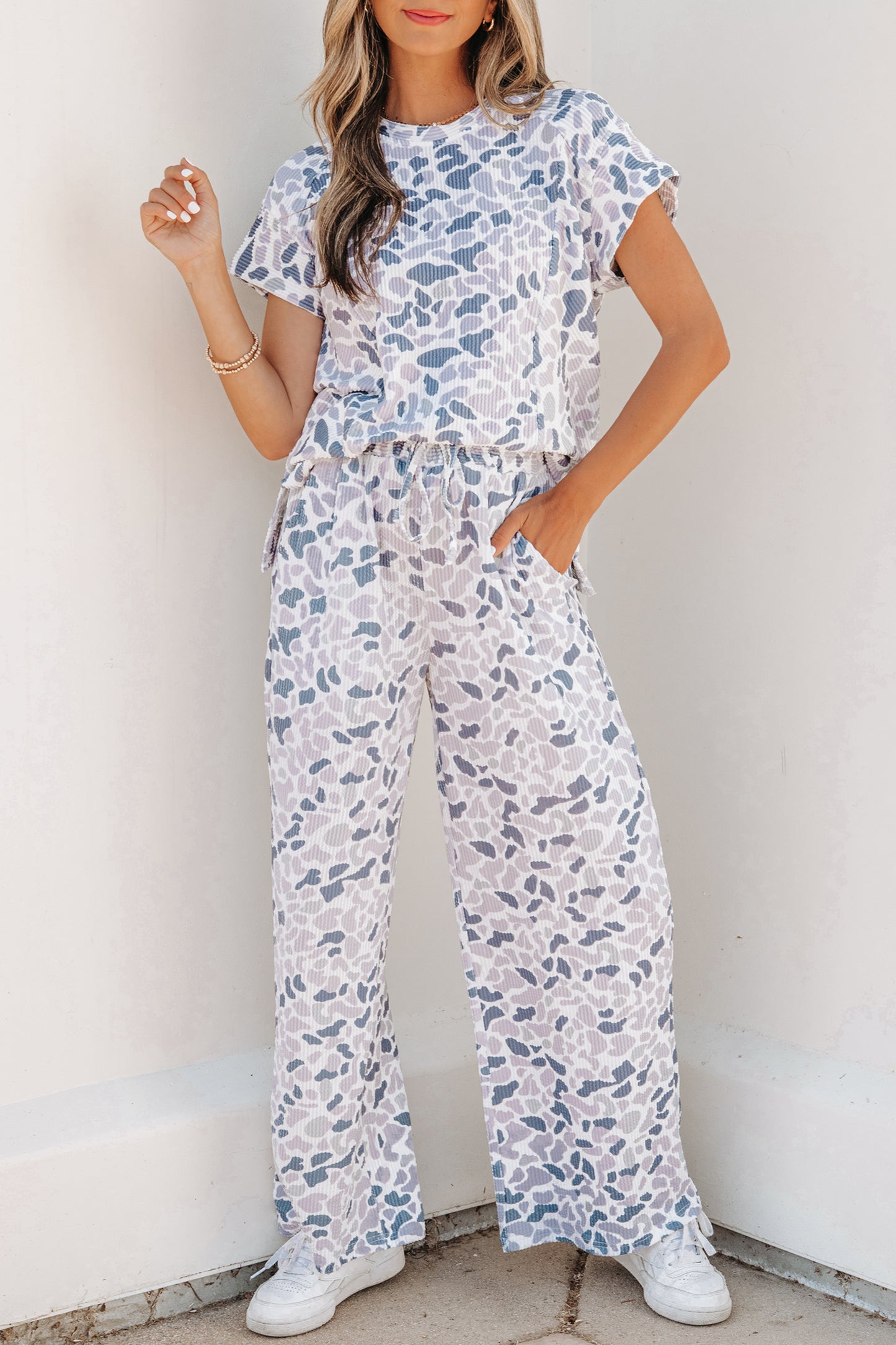 Beige Camouflage Print Twisted Rib Loose Tee Drawstring Pants Set-Two Piece Sets/Pant Sets-[Adult]-[Female]-2022 Online Blue Zone Planet