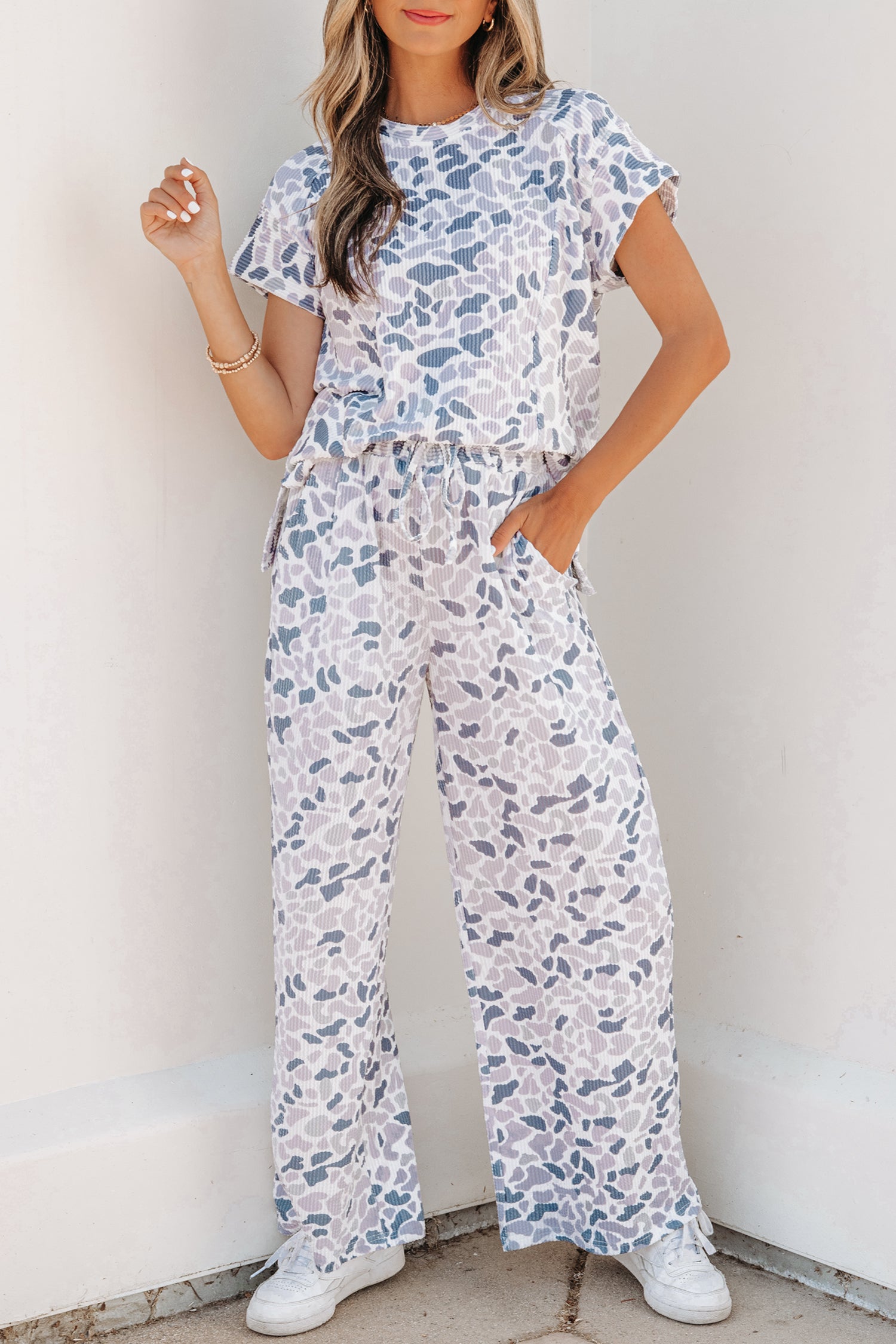 Beige Camouflage Print Twisted Rib Loose Tee Drawstring Pants Set-Two Piece Sets/Pant Sets-[Adult]-[Female]-2022 Online Blue Zone Planet