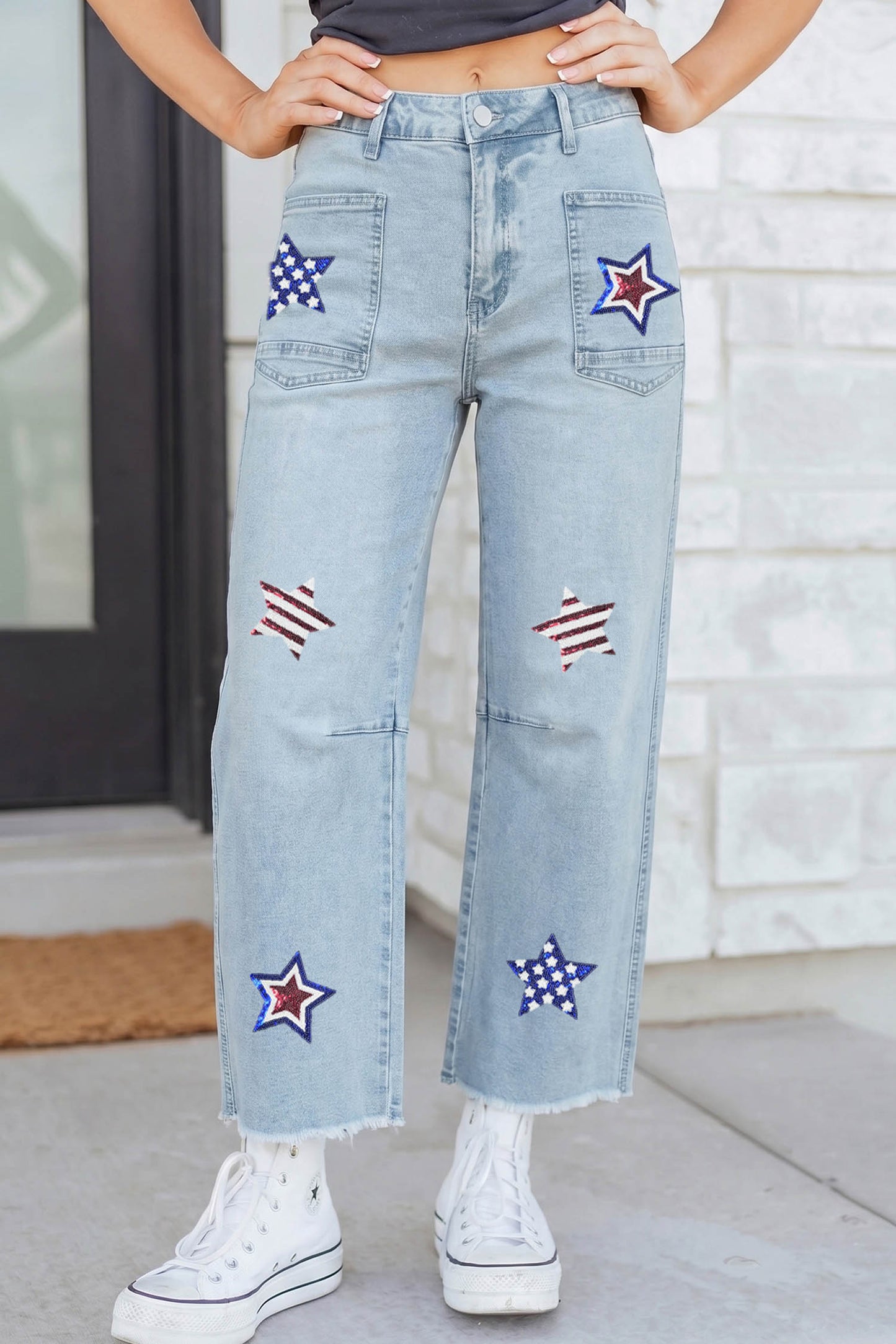 Beau Blue Patriotic Sequin Star Pattern Jeans-Graphic/Graphic Pants-[Adult]-[Female]-Beau Blue-4-2022 Online Blue Zone Planet