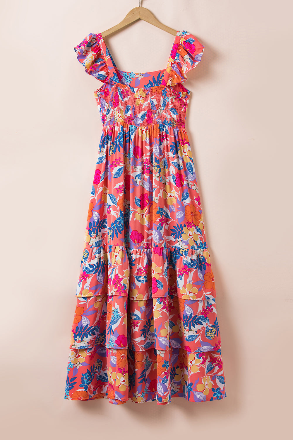 Pink Floral Print Sleeveless Ruffle Tiered Maxi Dress-Maxi Dresses-[Adult]-[Female]-2022 Online Blue Zone Planet