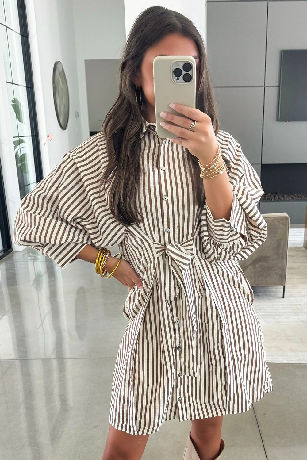 Brown Stripe Knot Waist Puff Sleeve Button Down Mini Shirt Dress-Dresses/Mini Dresses-[Adult]-[Female]-2022 Online Blue Zone Planet
