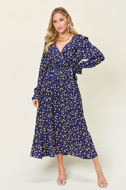 Double Take Full Size Tie Back Flounce Sleeve Dress-TOPS / DRESSES-[Adult]-[Female]-Dark Blue-S-2022 Online Blue Zone Planet