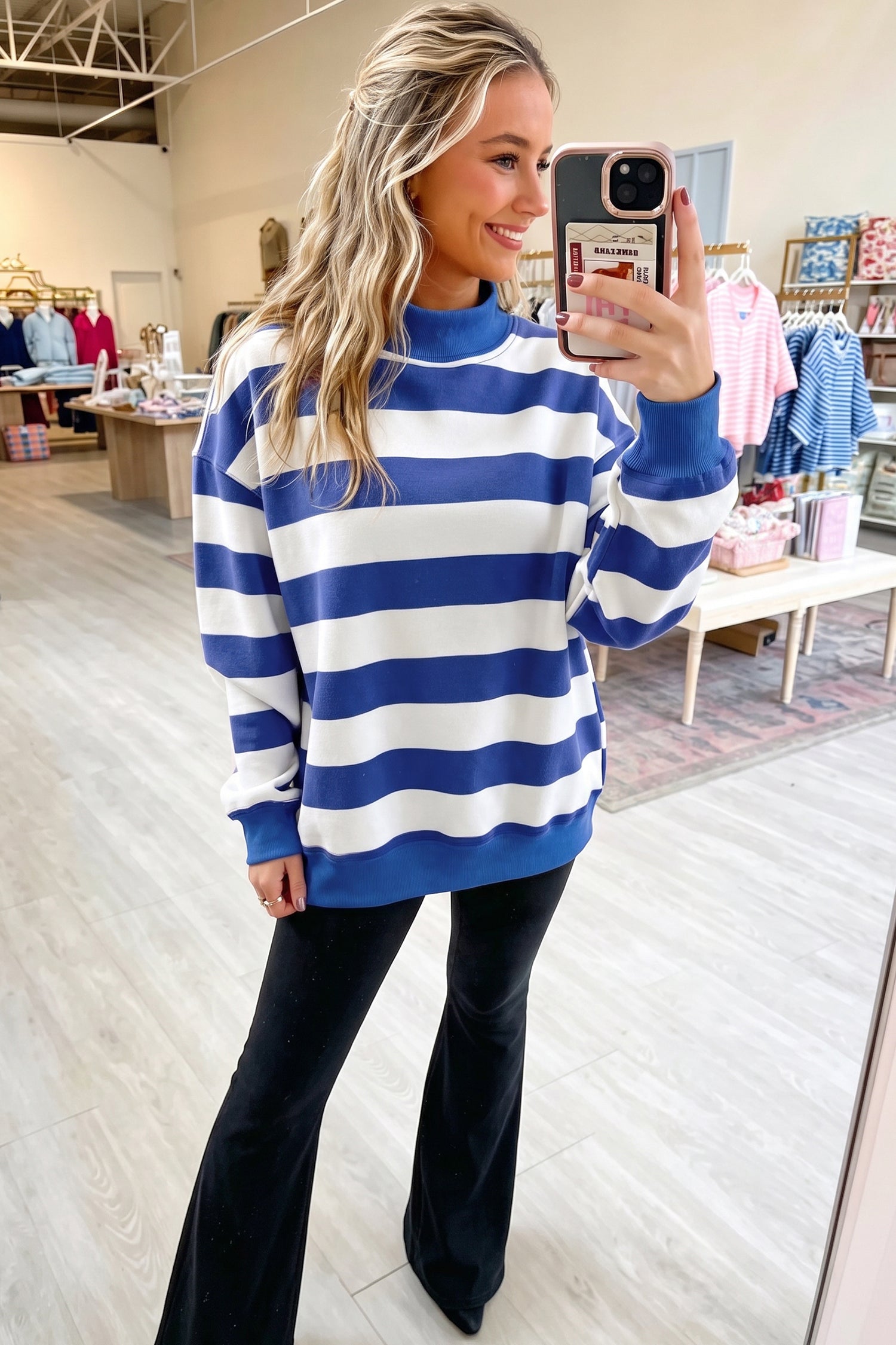 Blue Stripe Colorblock Mock Neck Relaxed Sweatshirt-Tops/Sweatshirts & Hoodies-[Adult]-[Female]-2022 Online Blue Zone Planet