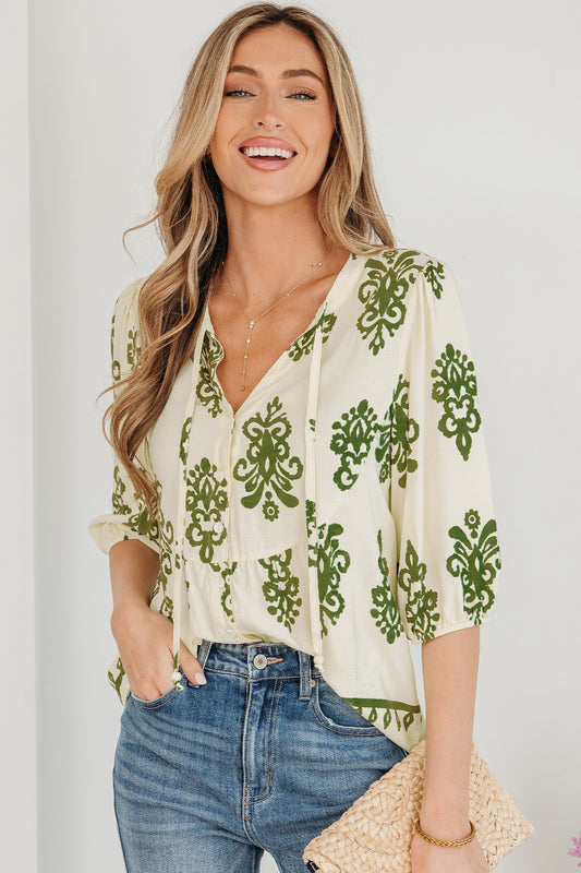 Apricot Floral Print Tie V Neck Button Down Puffy Half Sleeve Shirt-Tops/Blouses & Shirts-[Adult]-[Female]-2022 Online Blue Zone Planet