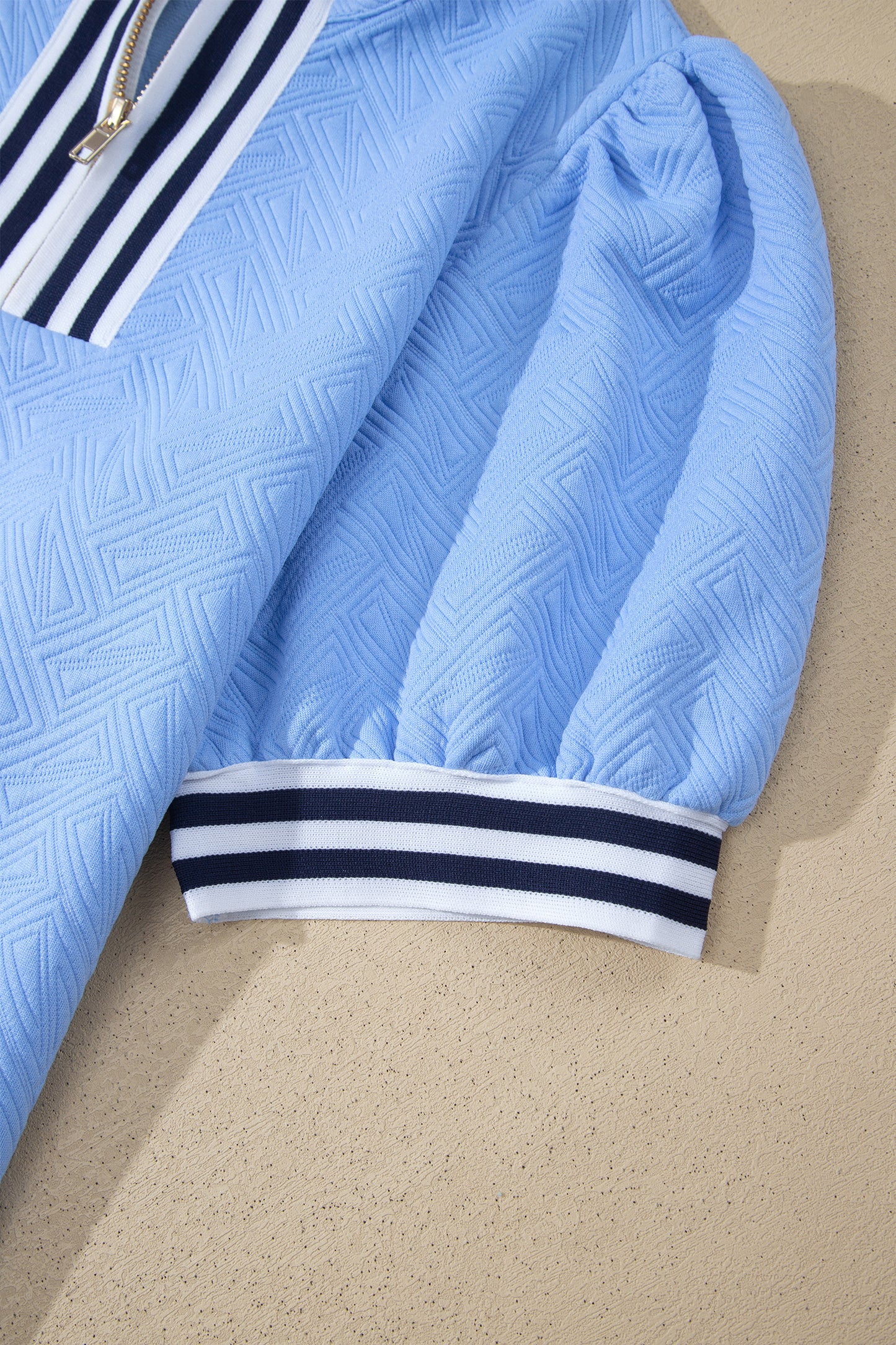 Myosotis Stylish Textured Stripe Trim Split Neck Puff Sleeve Top-Tops/Tops & Tees-[Adult]-[Female]-2022 Online Blue Zone Planet