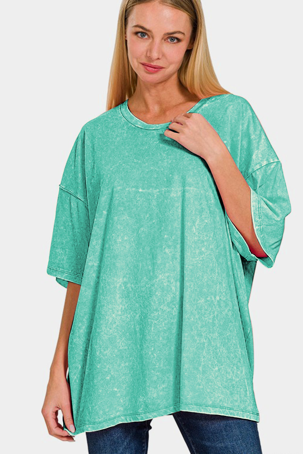 Blue Zone Planet | Zenana Full Size Washed Round Neck Drop Shoulder Oversized T-Shirt-TOPS / DRESSES-[Adult]-[Female]-2022 Online Blue Zone Planet