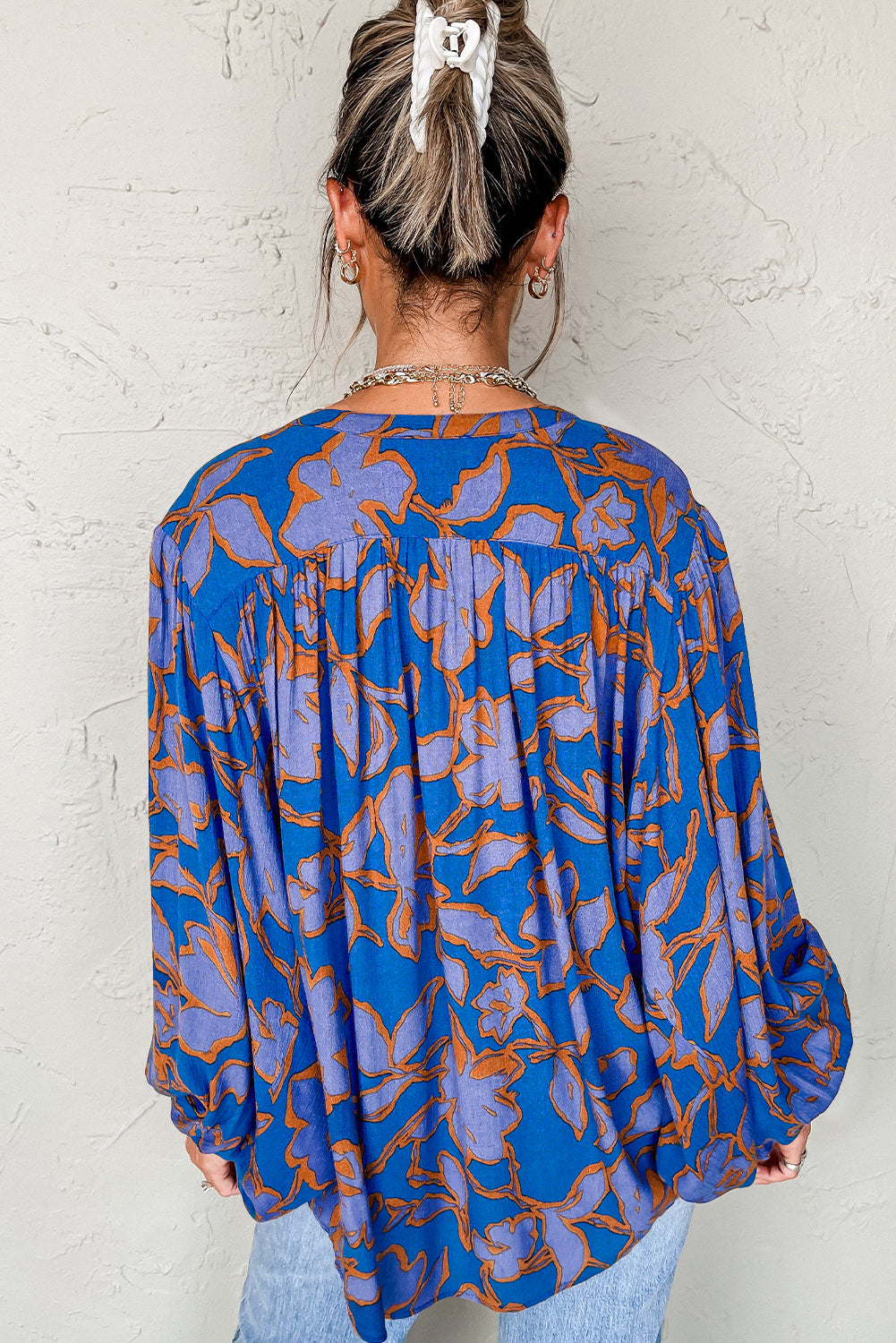 Blue Zone Planet | Blue Floral Print Batwing Sleeve Buttoned Loose Fit Shirt-Tops/Blouses & Shirts-[Adult]-[Female]-2022 Online Blue Zone Planet