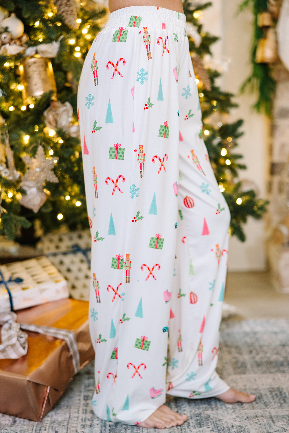 White Christmas Print Lapel Shirt and Pants Pajama Set-Loungewear Set-[Adult]-[Female]-2022 Online Blue Zone Planet