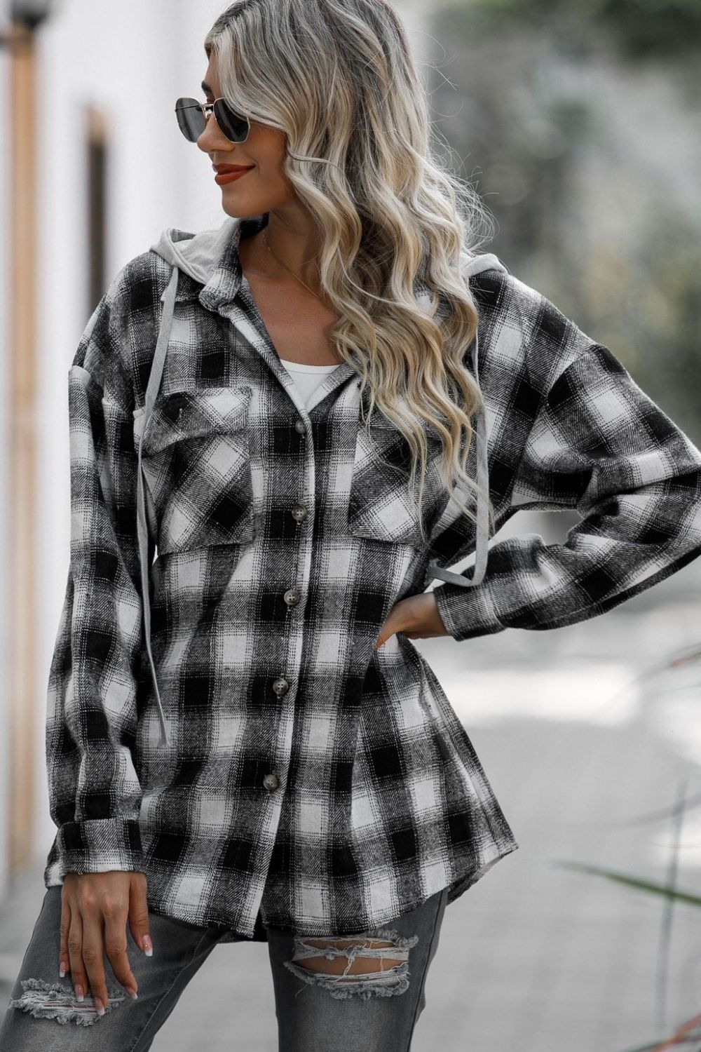 Drawstring Plaid Long Sleeve Hooded Shacket-TOPS / DRESSES-[Adult]-[Female]-2022 Online Blue Zone Planet