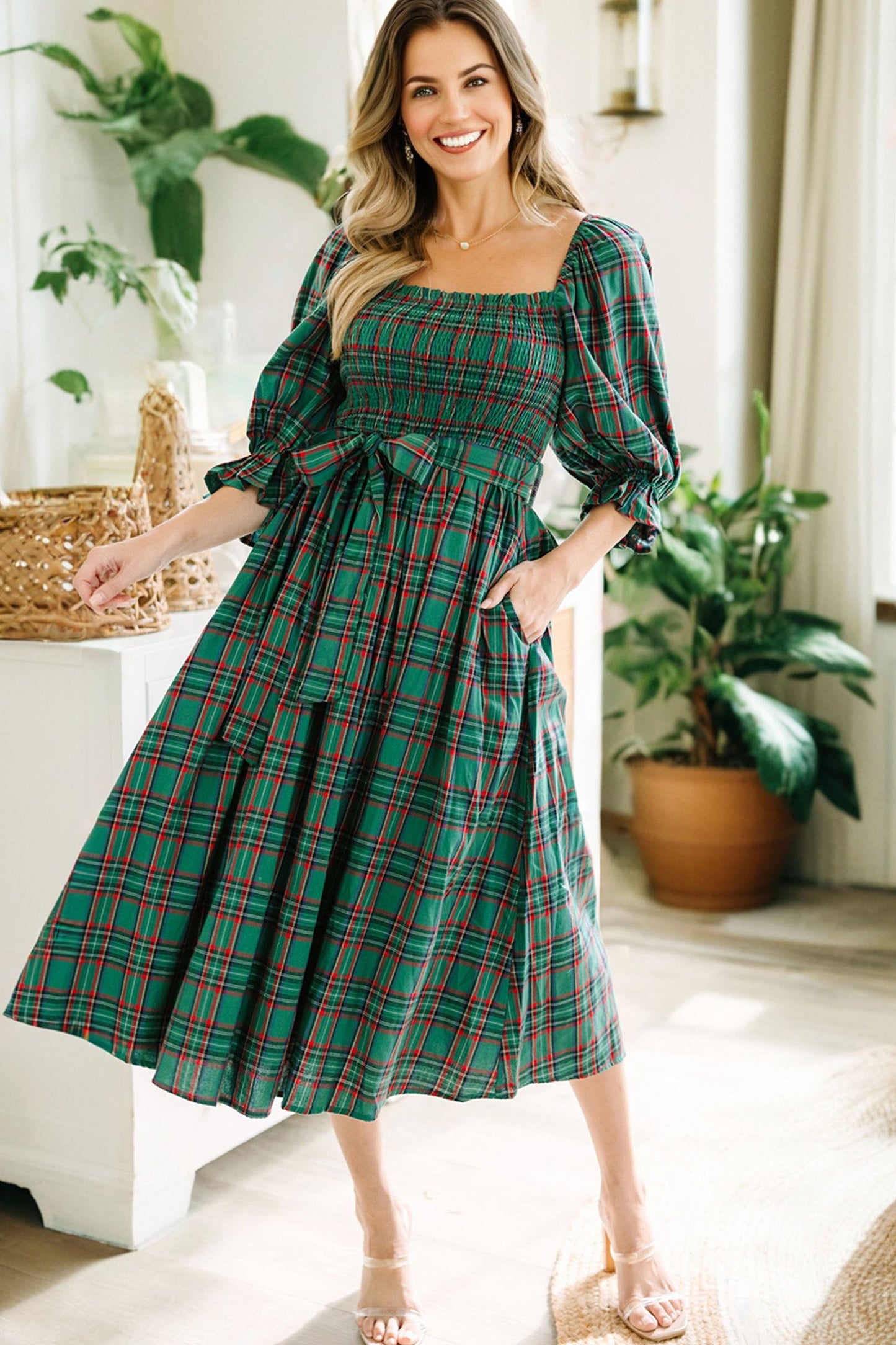 Green Tartan Plaid Square Neck Puff Sleeve Knot Waist Flared Midi Dress-TOPS / DRESSES-[Adult]-[Female]-2022 Online Blue Zone Planet