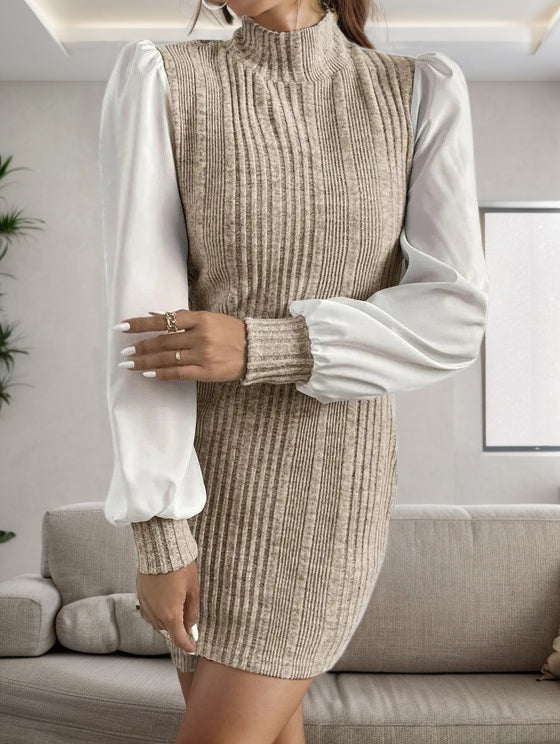 Ribbed Contrast Long Sleeve Sweater Dress-TOPS / DRESSES-[Adult]-[Female]-2022 Online Blue Zone Planet