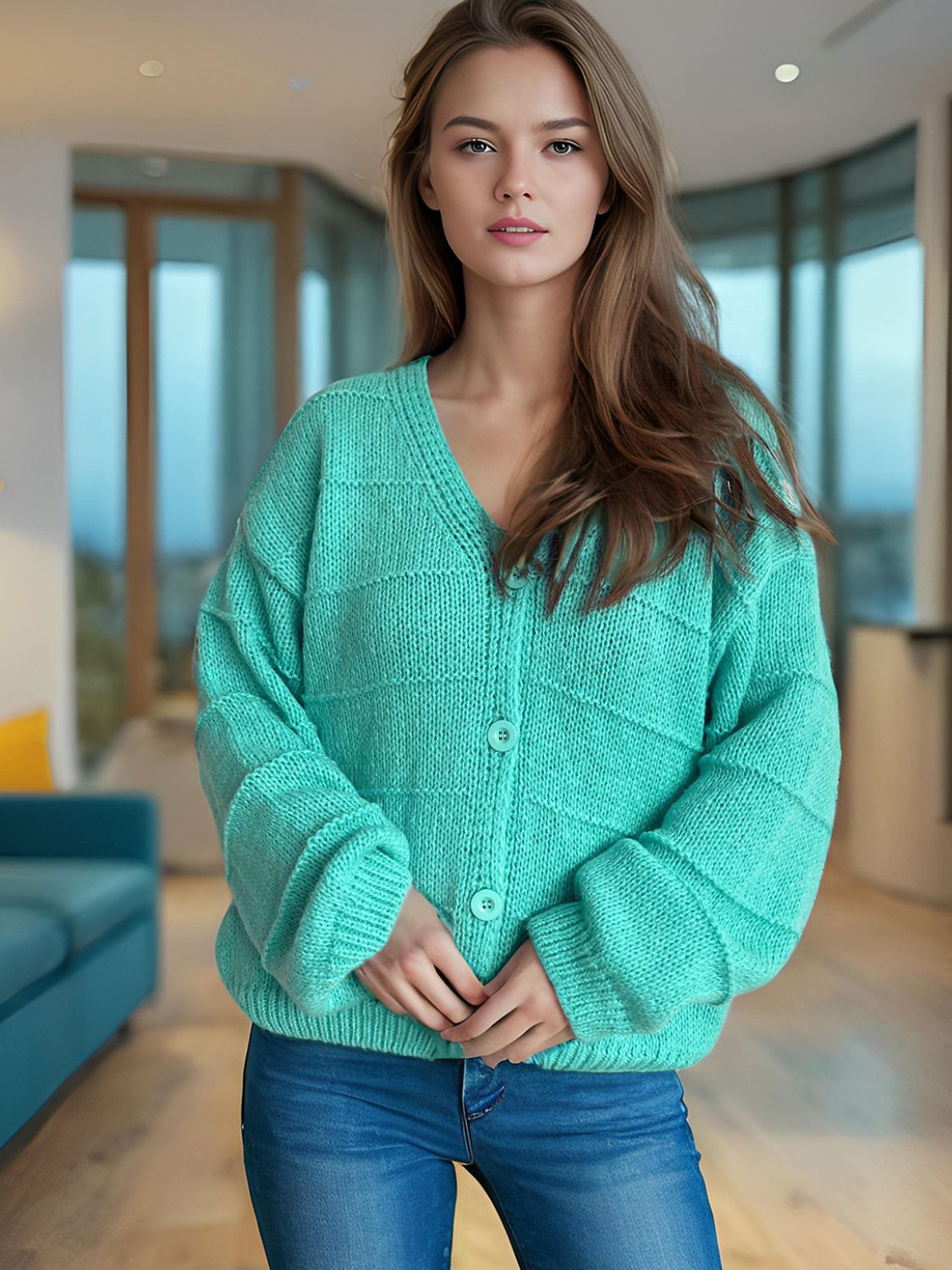 Button Down V-Neck Long Sleeve Cardigan-TOPS / DRESSES-[Adult]-[Female]-Tiffany Blue-One Size-2022 Online Blue Zone Planet