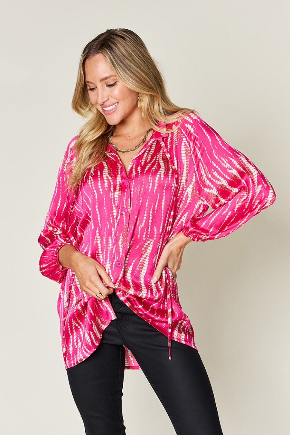 Double Take Full Size Printed Button Up Long Sleeve Shirt-TOPS / DRESSES-[Adult]-[Female]-2022 Online Blue Zone Planet