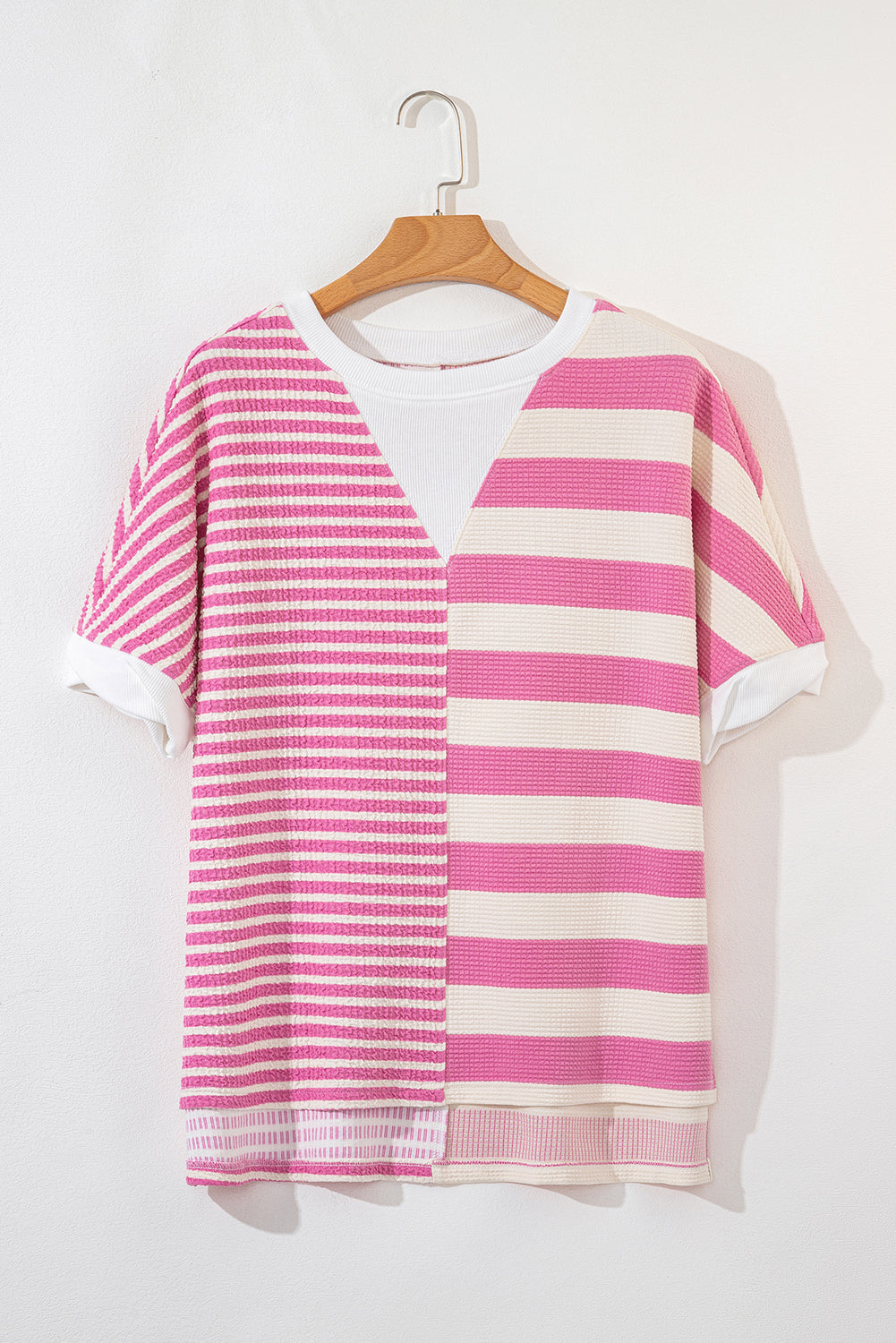 High-Low Striped Round Neck Short Sleeve T-Shirt-TOPS / DRESSES-[Adult]-[Female]-2022 Online Blue Zone Planet