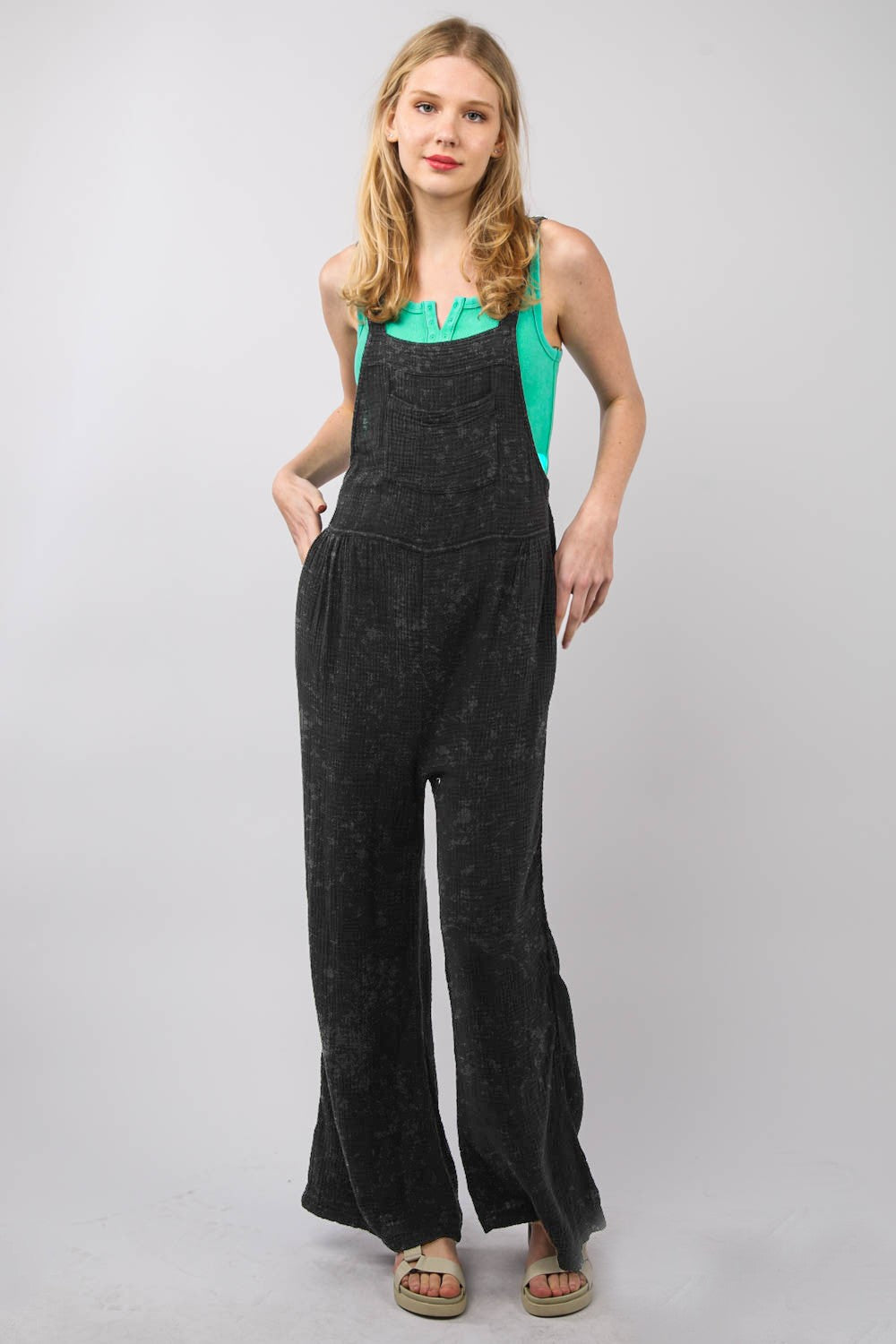 VERY J Texture Washed Wide Leg Overalls-TOPS / DRESSES-[Adult]-[Female]-Black-S-2022 Online Blue Zone Planet