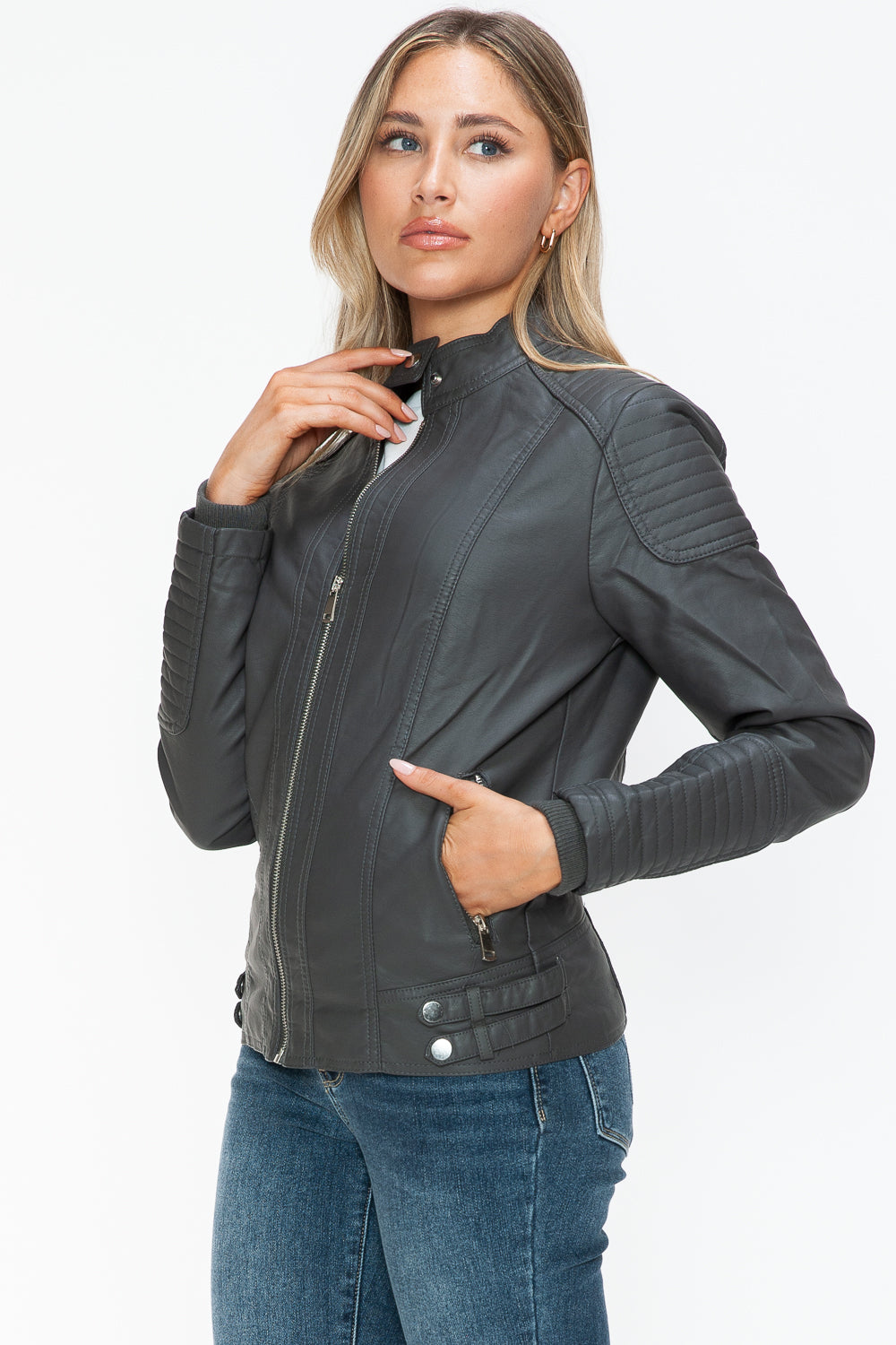 Blue Zone Planet | Snobbish Faux Leather Biker Jacket with Side Zip Pockets-TOPS / DRESSES-[Adult]-[Female]-2022 Online Blue Zone Planet