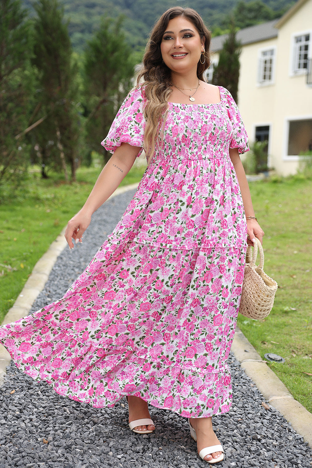 Pink Plus Size Floral Print Smocked Puff Sleeve Dress - Blue