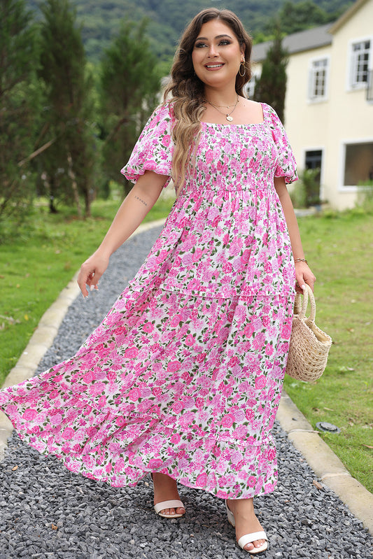 Blue Zone Planet | Pink Plus Size Floral Print Smocked Puff Sleeve Dress-TOPS / DRESSES-[Adult]-[Female]-Pink-1X-2022 Online Blue Zone Planet