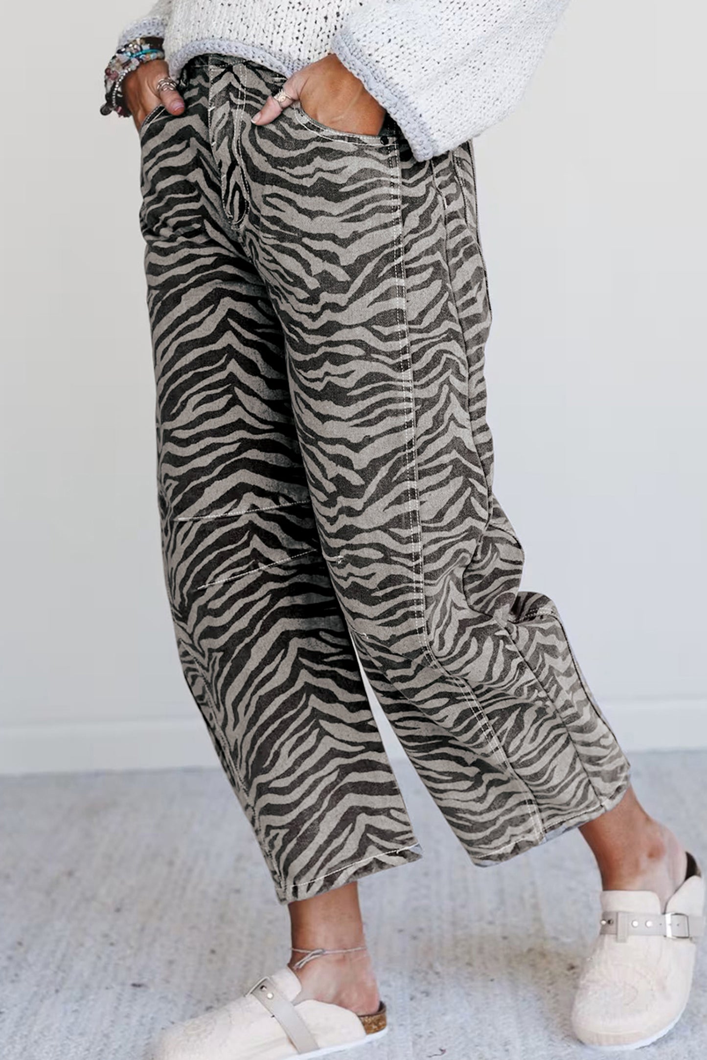 Gray Zebra Stripe Printed Wide Leg Jeans-Bottoms/Jeans-[Adult]-[Female]-2022 Online Blue Zone Planet