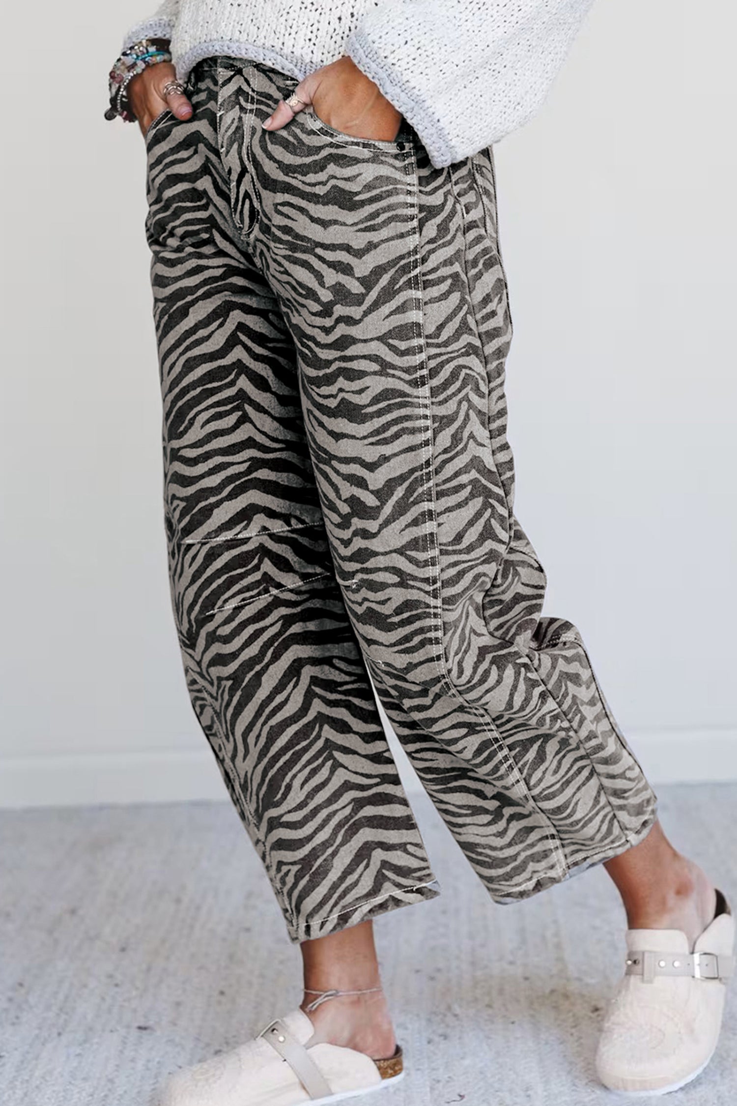 Gray Zebra Stripe Printed Wide Leg Jeans-Bottoms/Jeans-[Adult]-[Female]-2022 Online Blue Zone Planet