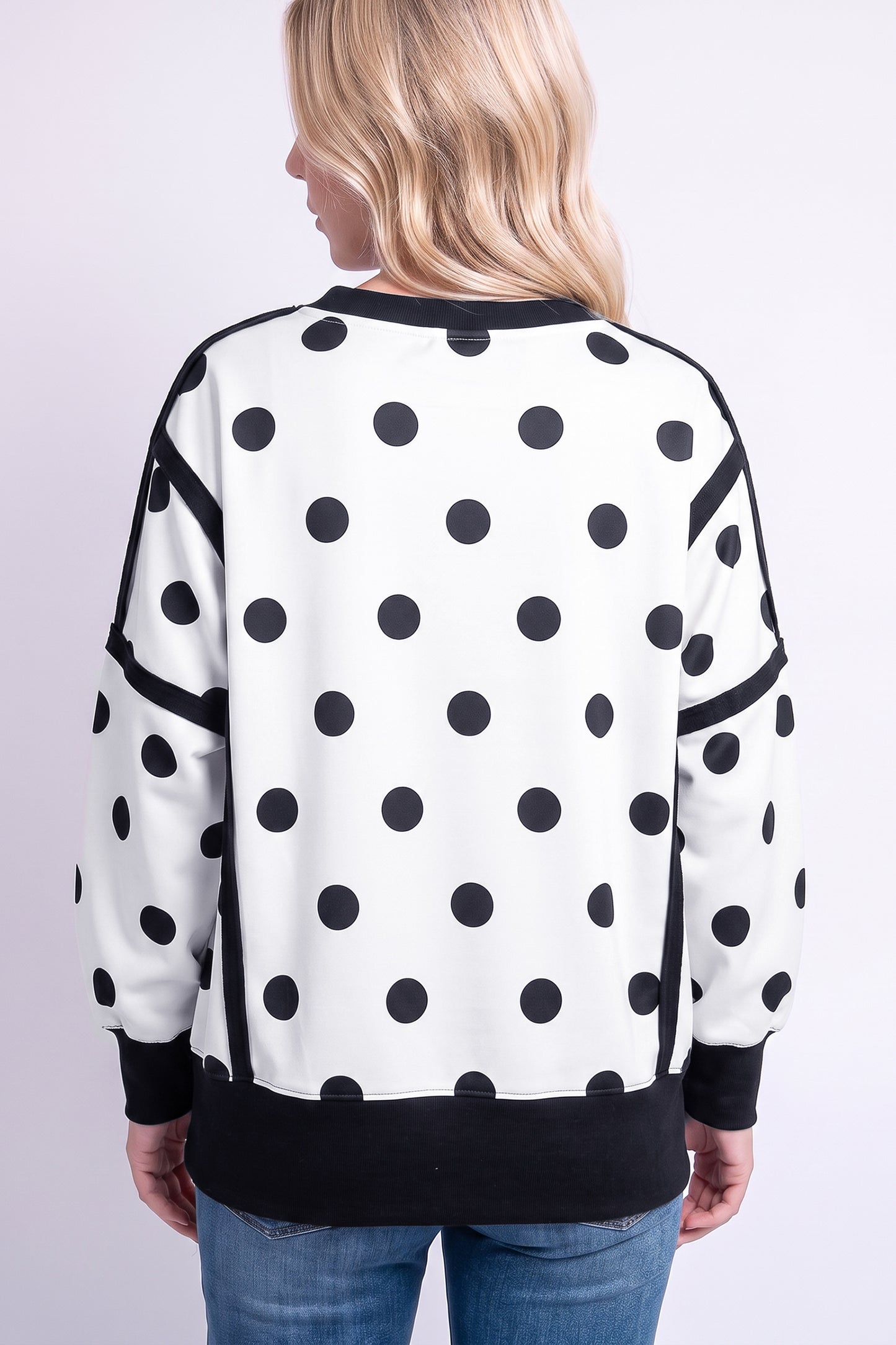 White Polka Dot Contrast Patchwork Round Neck Baggy Sweatshirt-Tops/Sweatshirts & Hoodies-[Adult]-[Female]-2022 Online Blue Zone Planet