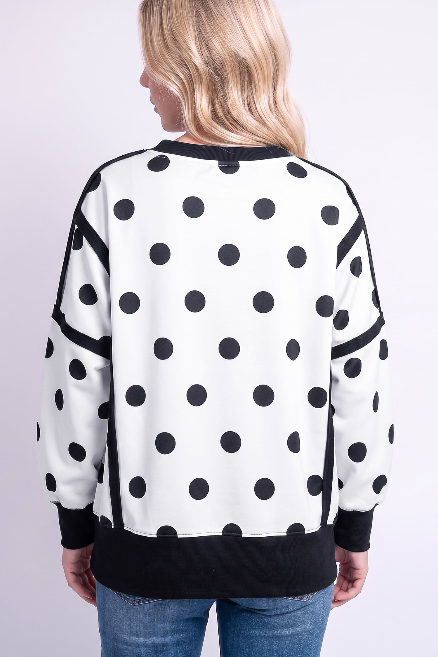 White Polka Dot Contrast Patchwork Round Neck Baggy Sweatshirt-Tops/Sweatshirts & Hoodies-[Adult]-[Female]-2022 Online Blue Zone Planet