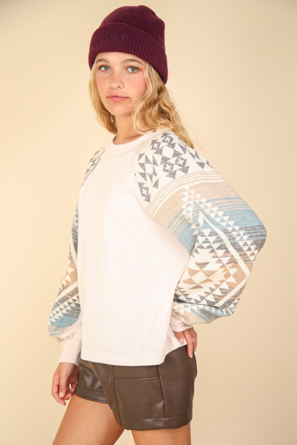 VERY J Printed Long Sleeve Round Neck Knit Top-[Adult]-[Female]-2022 Online Blue Zone Planet