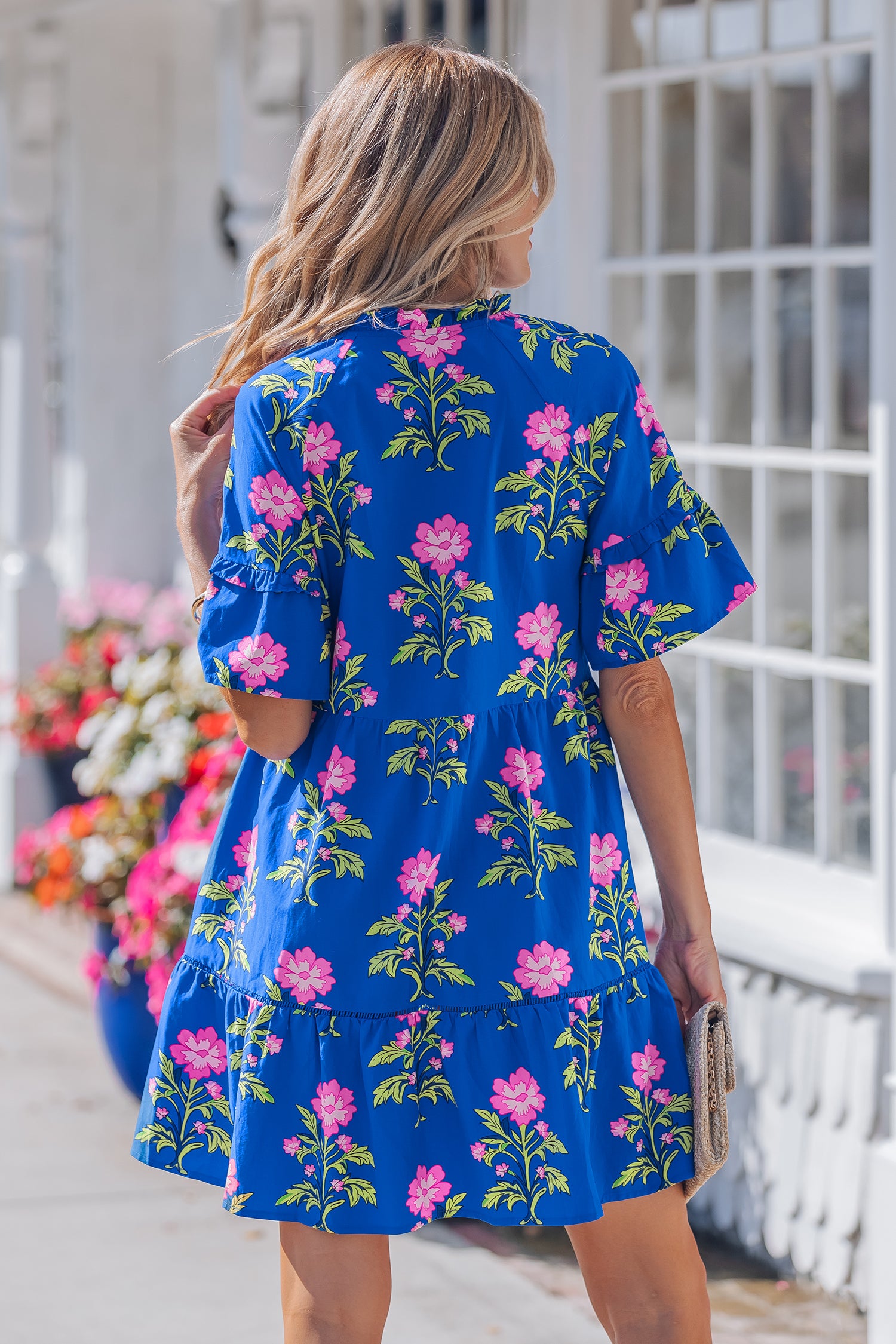 Blue V Neck Short Sleeve Loose Flower Dress-TOPS / DRESSES-[Adult]-[Female]-2022 Online Blue Zone Planet