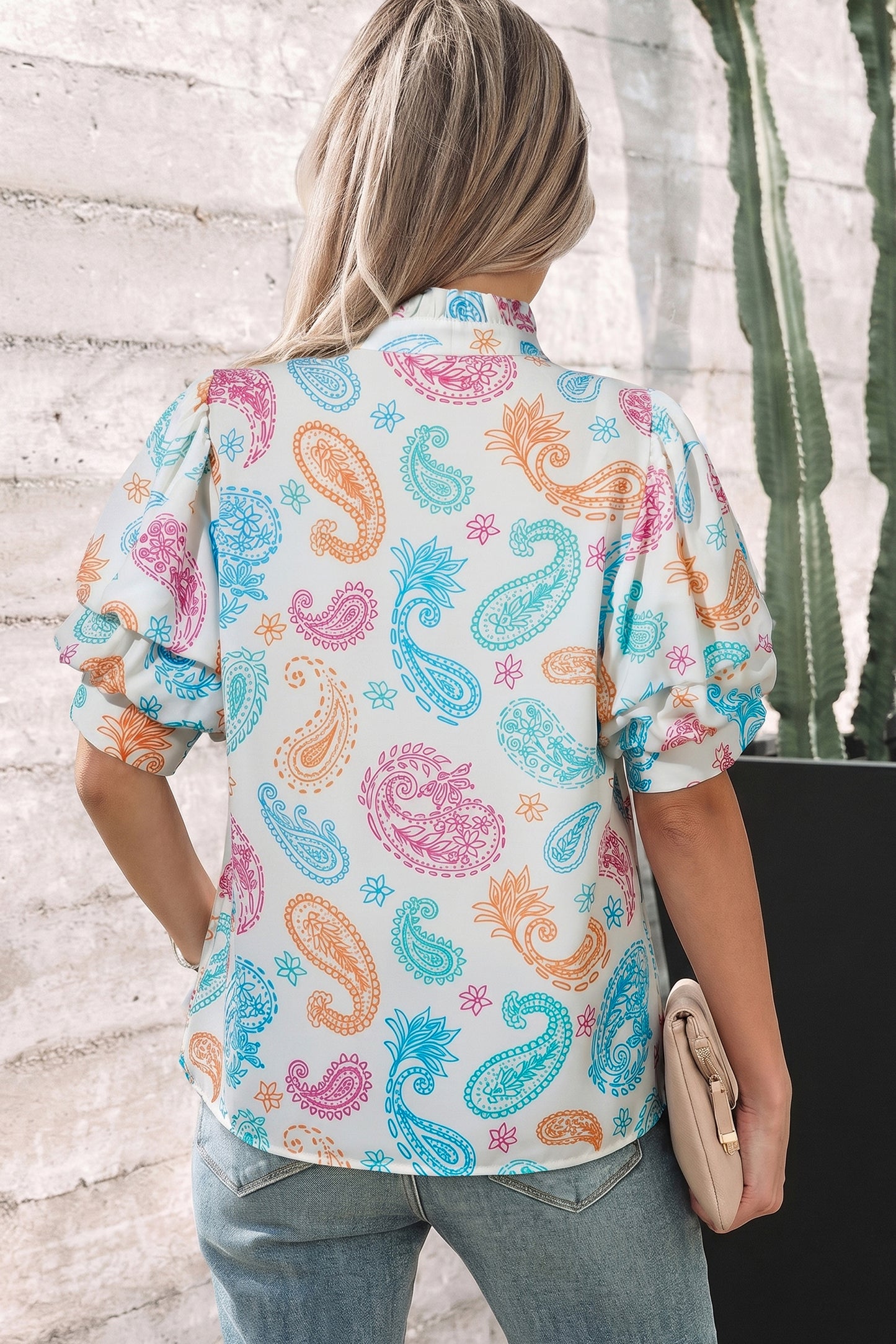 Multicolour Vibrant Paisley Printed Button Keyhole Puff Sleeve Blouse-Tops/Blouses & Shirts-[Adult]-[Female]-2022 Online Blue Zone Planet
