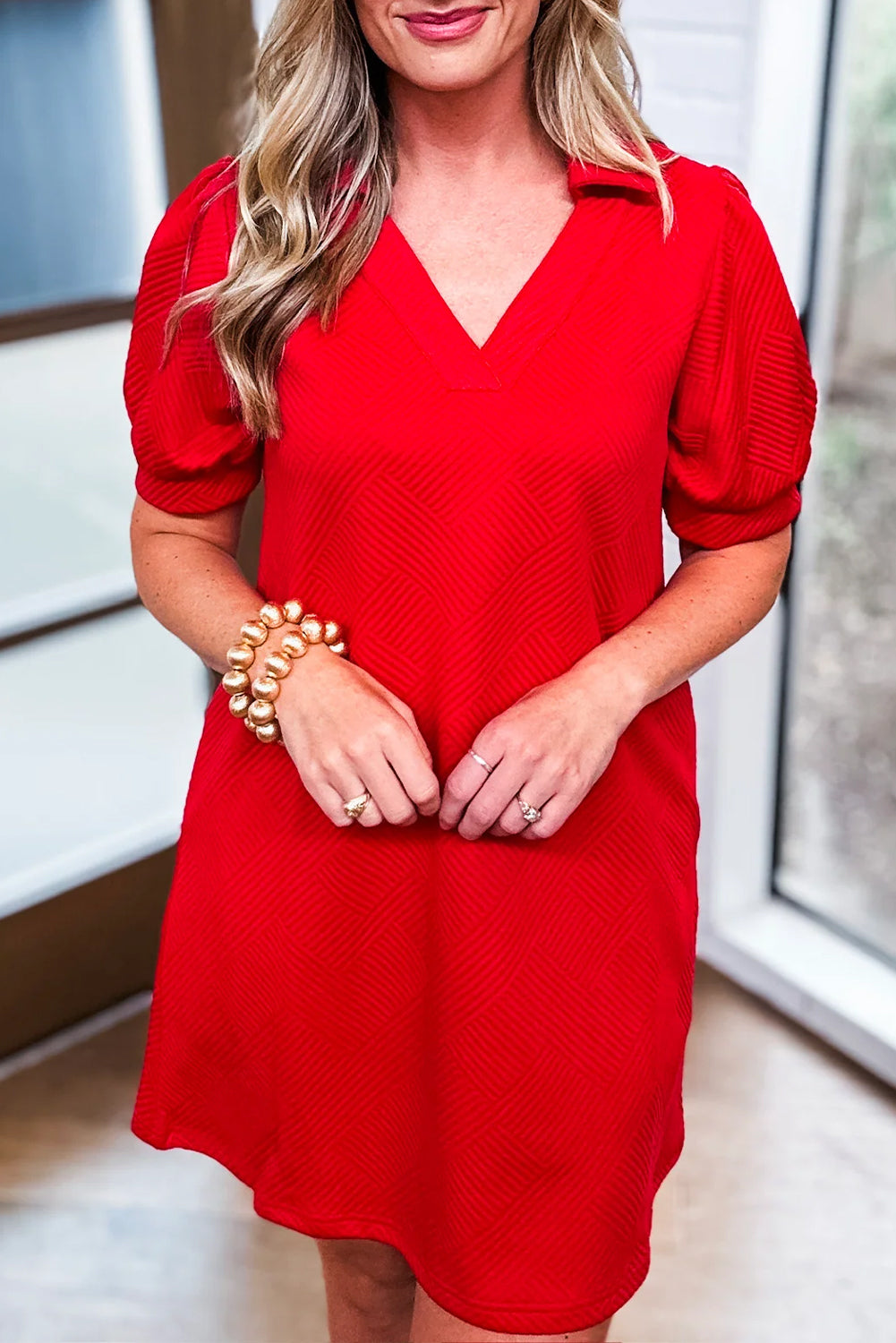 Fiery Red Textured Collared V Neck Puff Short Sleeve Shift Mini Dress-Dresses/Mini Dresses-[Adult]-[Female]-Fiery Red-S-2022 Online Blue Zone Planet